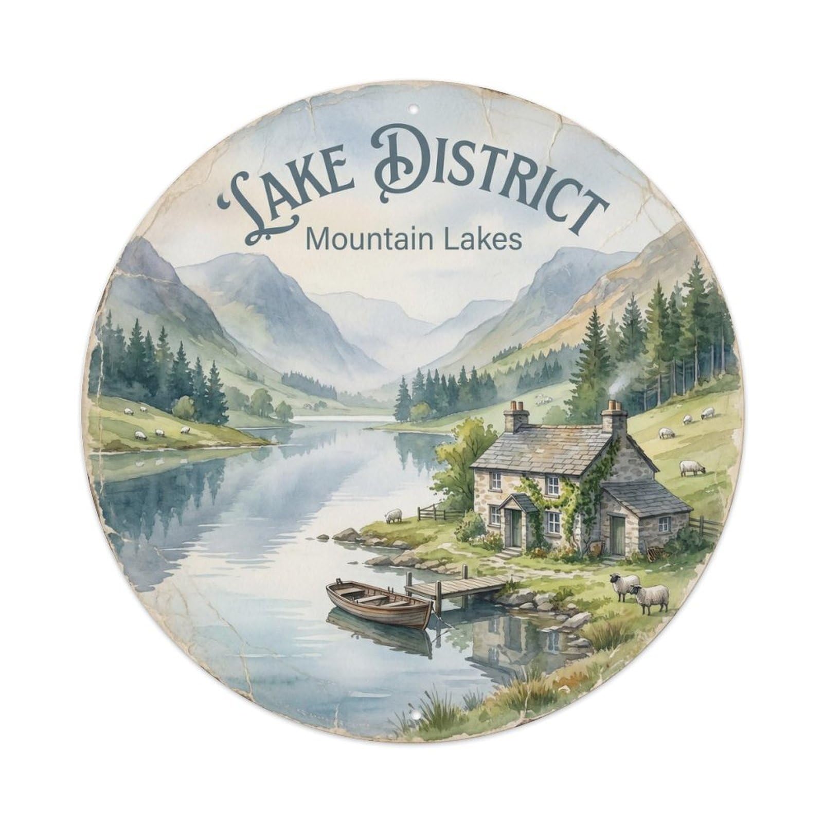 Vintage Travel Lakeland English Countryside Metal Tin Sign Plaque Wall Decor for Cafe, Club, Garden Round Metal Poster 8x8Inch