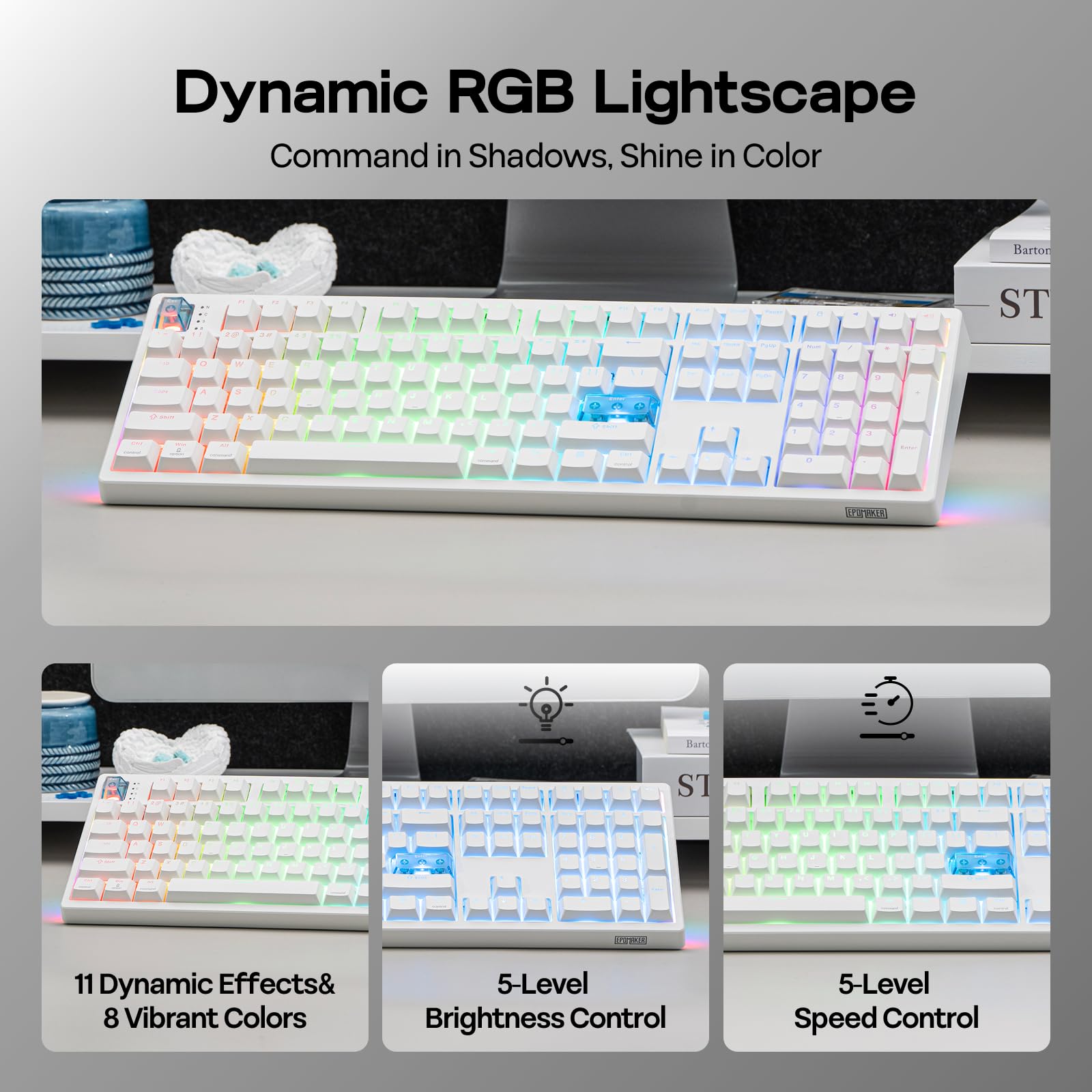 EPOMAKER HE108 Teclado para Juegos de Efecto Hall, 8K de Sondeo y 128K de Escaneo, 10000mAh&2.4GHz/BT, Hot Swap, Tamaño Completo, Actuación Ajustable, Disparo Rápido, RGB, Gasket, Teclas PBT (Blanco)