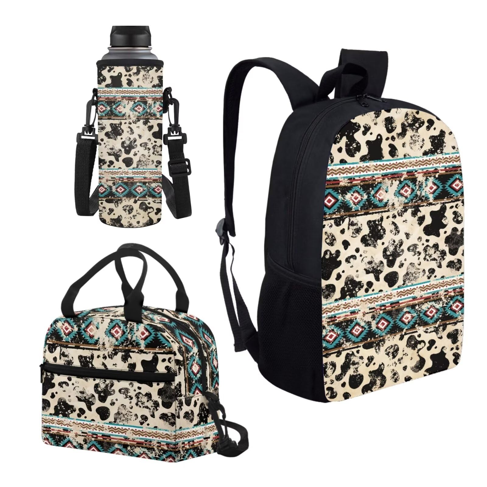 Glomenade Kids School Backpack Aztec Western Cow Print 3 Piece School Bag with Lunch Bag Water Bottle Sleeve Bookbag Set