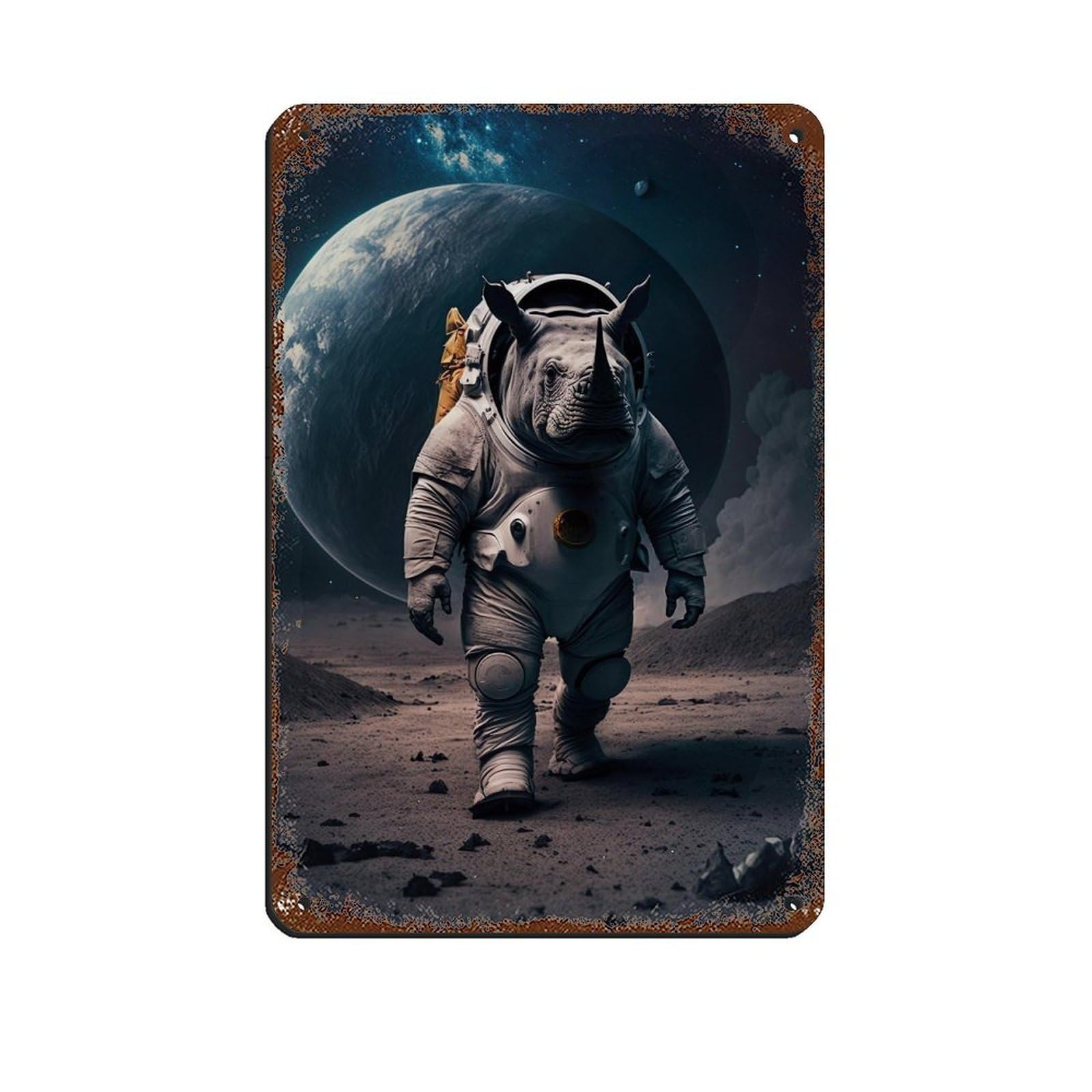 Lxwnze 20L X 30W Cm Astronaut Rhino, Futuristic Animal（1） Retro Poster Metal Tin Sign Chic Art Retro Iron Painting Bar People Cave Cafe Family Garage Poster Wall Decoration 8X12inch(20X30cm)