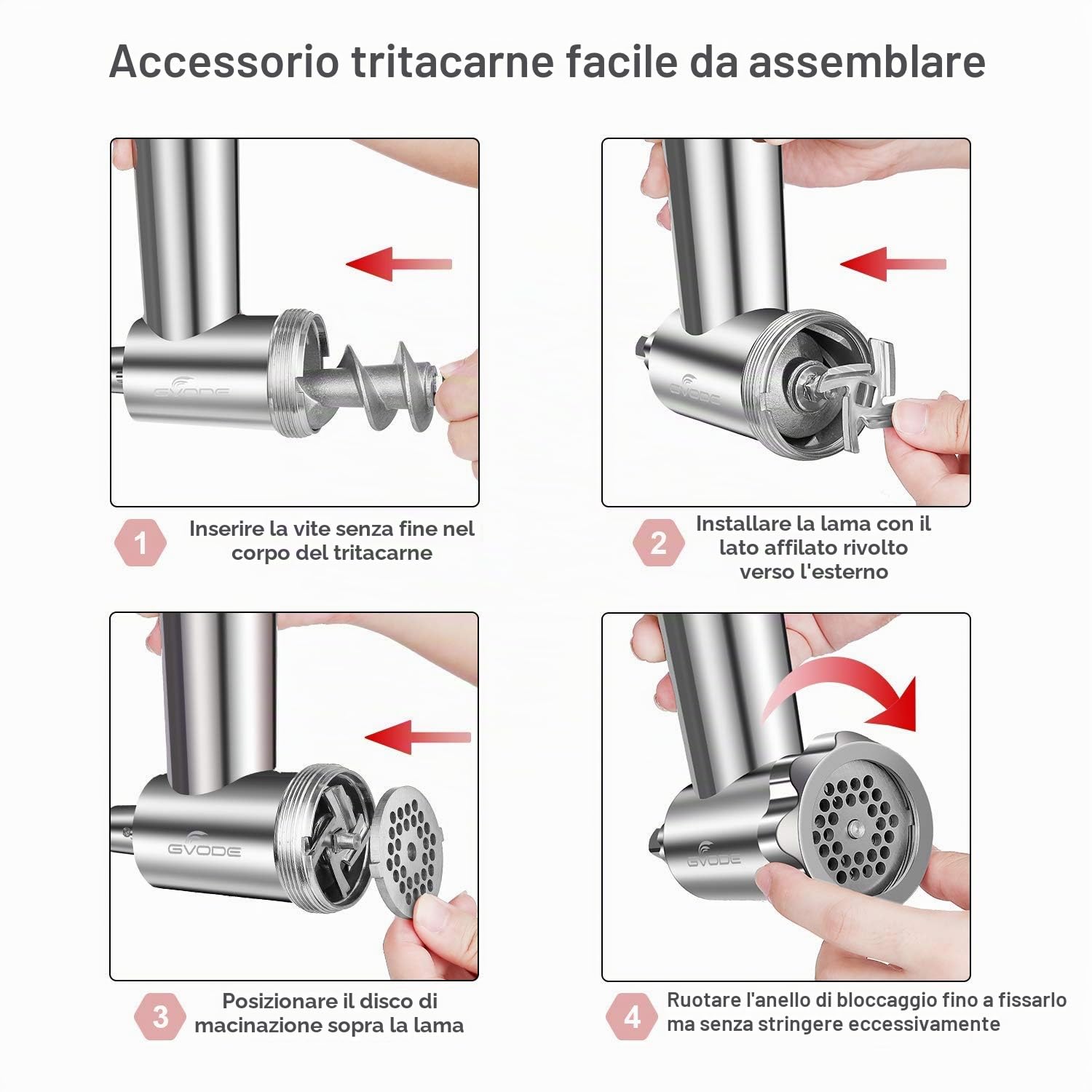 GVODE Accessorio Tritacarne per KitchenAid, Incluso Riempimento Salsicce, Perfetto Accessorio Tritacarne in Acciaio Inox per KitchenAid