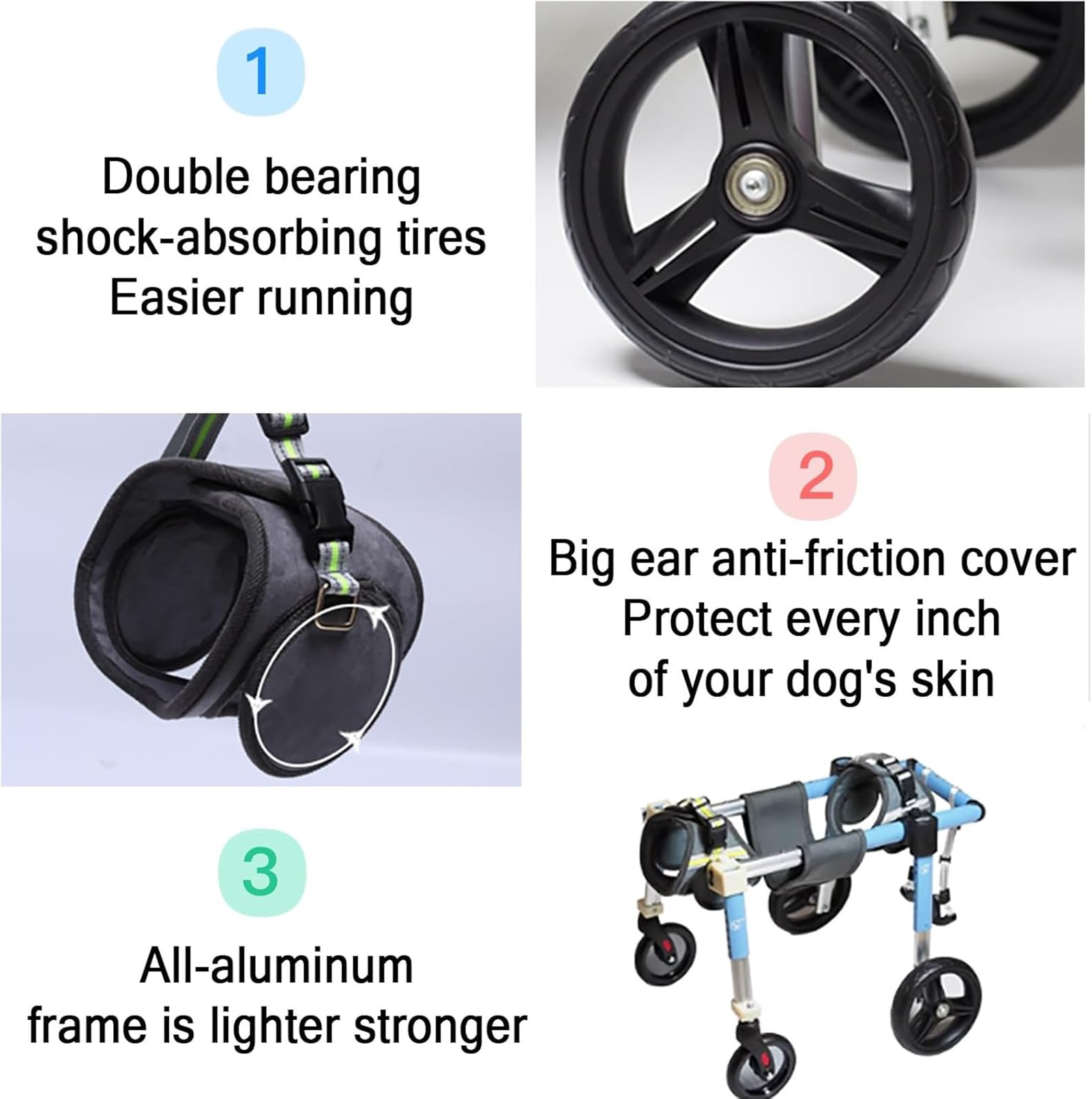 Sedia a rotelle per cani, 4 ruote regolabili, carrello di supporto completo per gambe anteriori e posteriori, leggero aiuto per la mobilità per animali domestici disabili di medie e grandi dimensioni