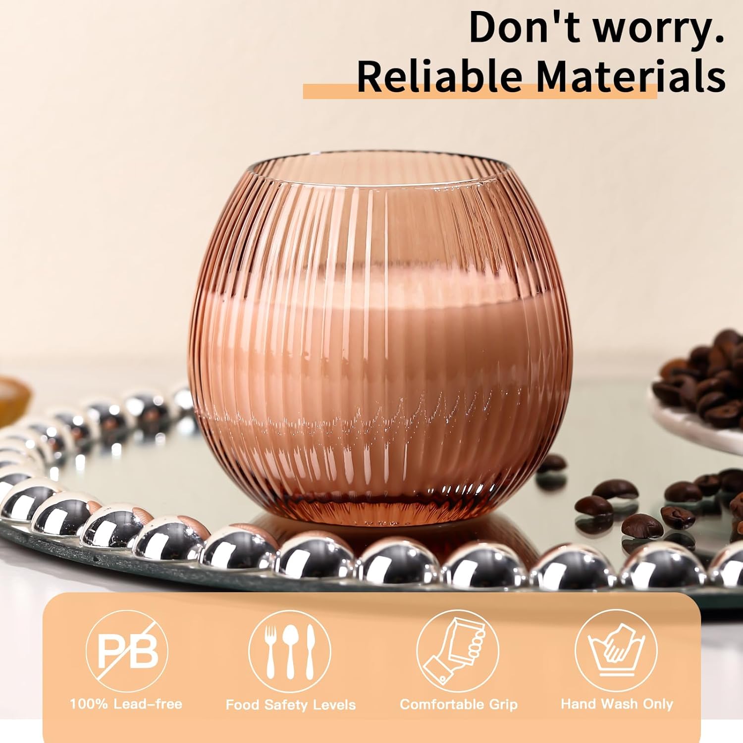 Colored Ribbed Drinking Glasses Set of 6-10.8 OZ Stemless Wine Champagne Whiskey Cocktail Glass, Reusable Wine Cups for Home Party Wedding Bar