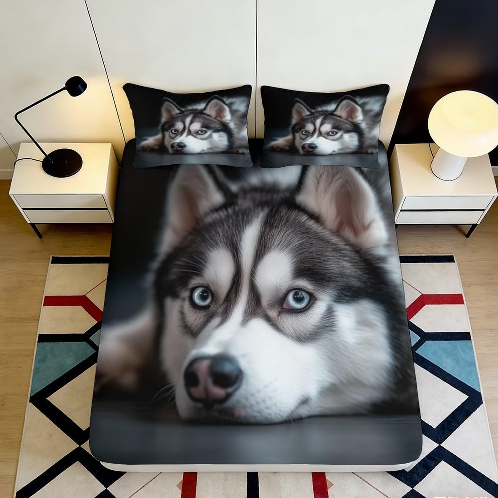 3D Printed Siberian Husky Fitted Sheet Microfiber Soft Durable Black White Dog Bed Cover for Bedroom Dormitory Guest Room Mattress Protection 180x200x25cm