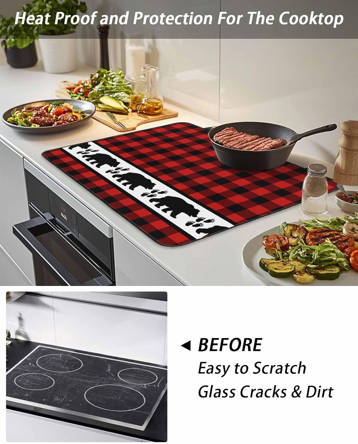 Stove Top Cover Bear Footprints Red Buffalo Plaid Stove Cover for Electric Stove Top Forest Animals Glass Cooktop Covers Anti-Slip Mat Heat Resistant Countertop Protector Kitchen Decor 28.5"x20.5"