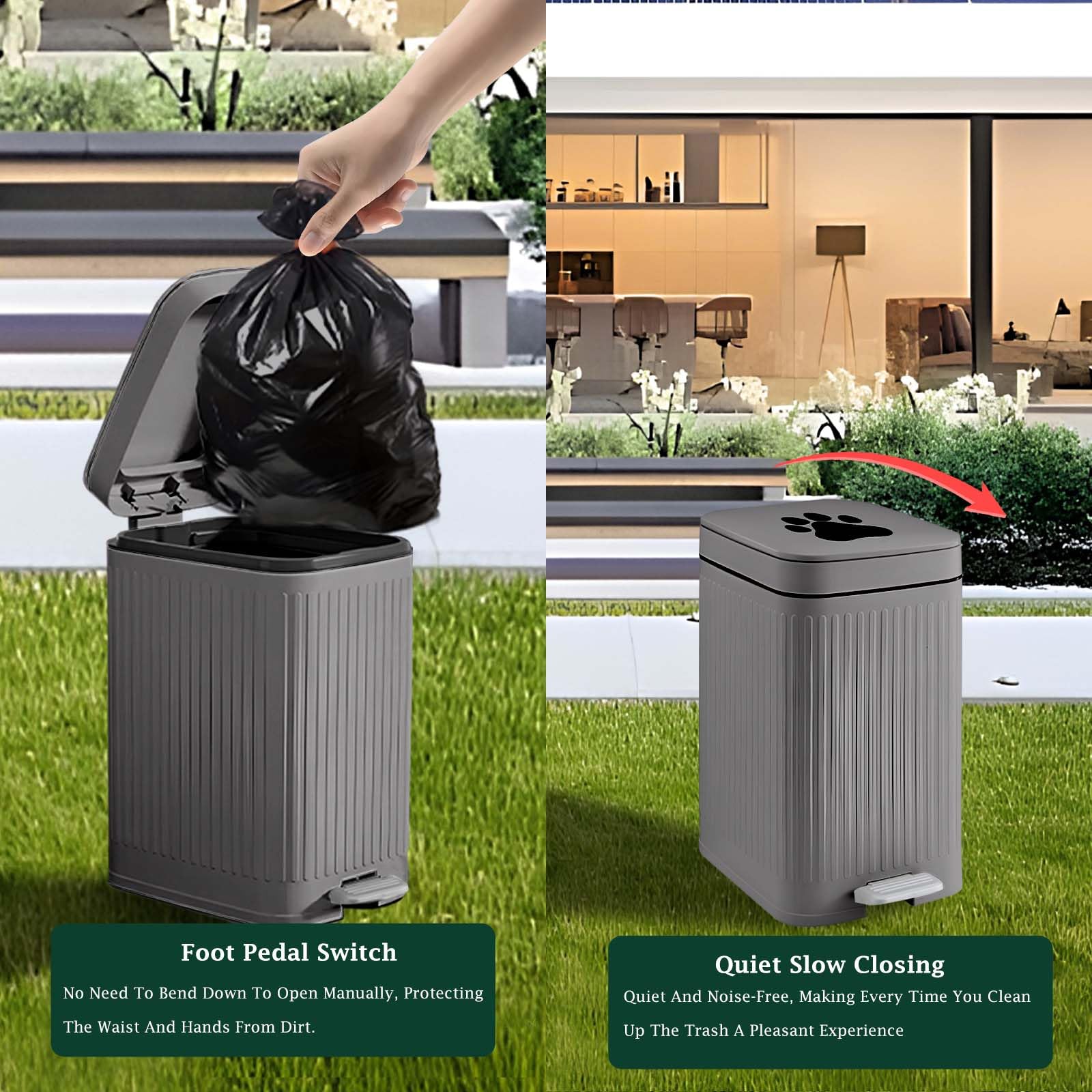 Cubo de basura para excrementos de perro en el exterior, cubo de 5 litros con tapa, pedal de pie, contenedor de residuos para perros con 40 bolsas, tapa de cierre suave para mascotas (cubo