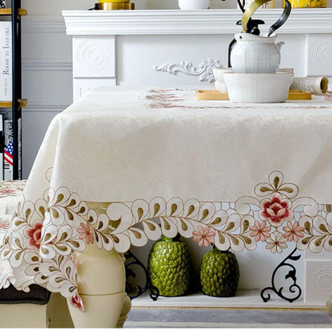 LeLehome 50 Inch Square Red Flower Embroidered Lace Cream