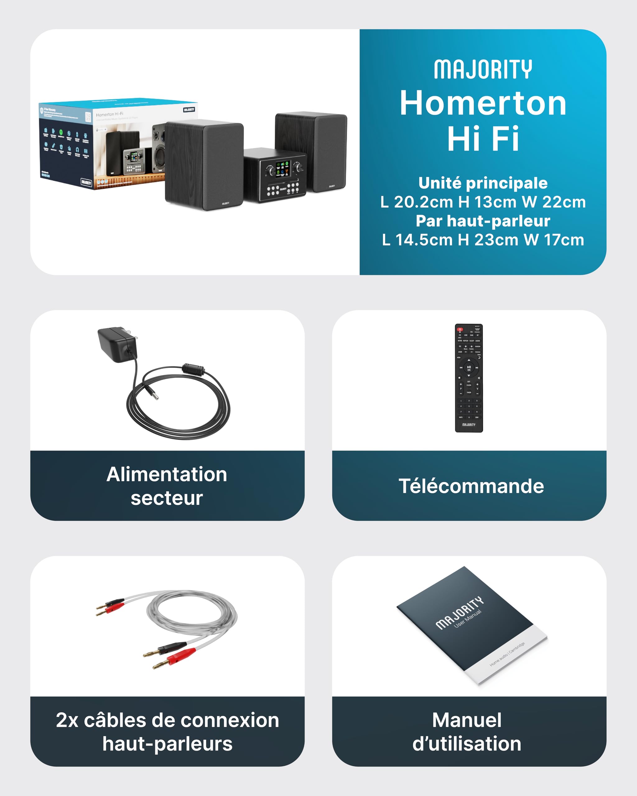 MAJORITY Homerton HiFi Bluetooth 5.3 Chaine HiFi Radio Internet | Radio Dab+ et FM | Lecteur CD Spotify Connect et Podcasts | Système Stéréo avec 60W Enceintes | Télécommande & l'application OKTIV