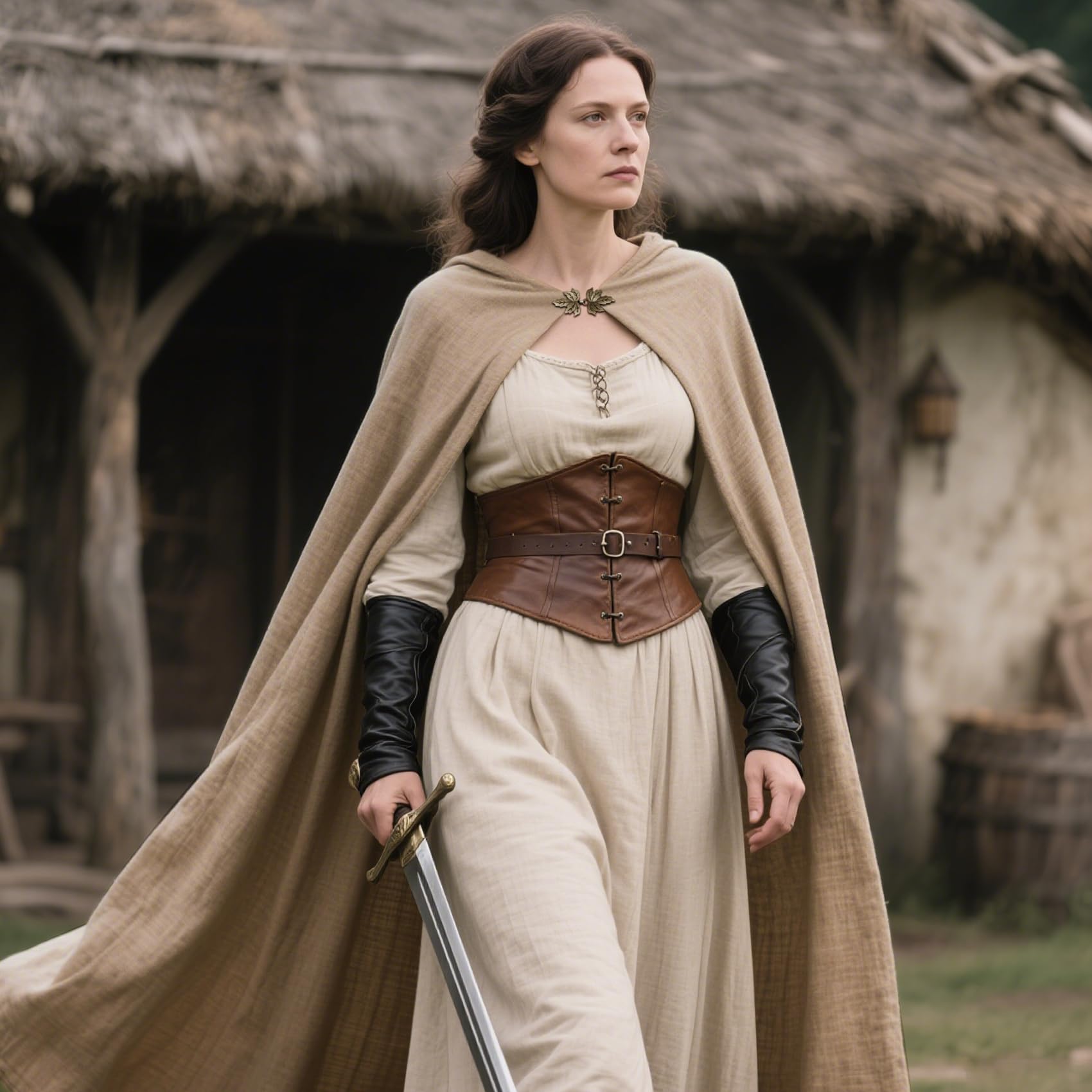 keland Mittelalter Umhang Leinen Renaissance Kapuzenumhang für Damen Herren Halloween Cosplay (Khaki)