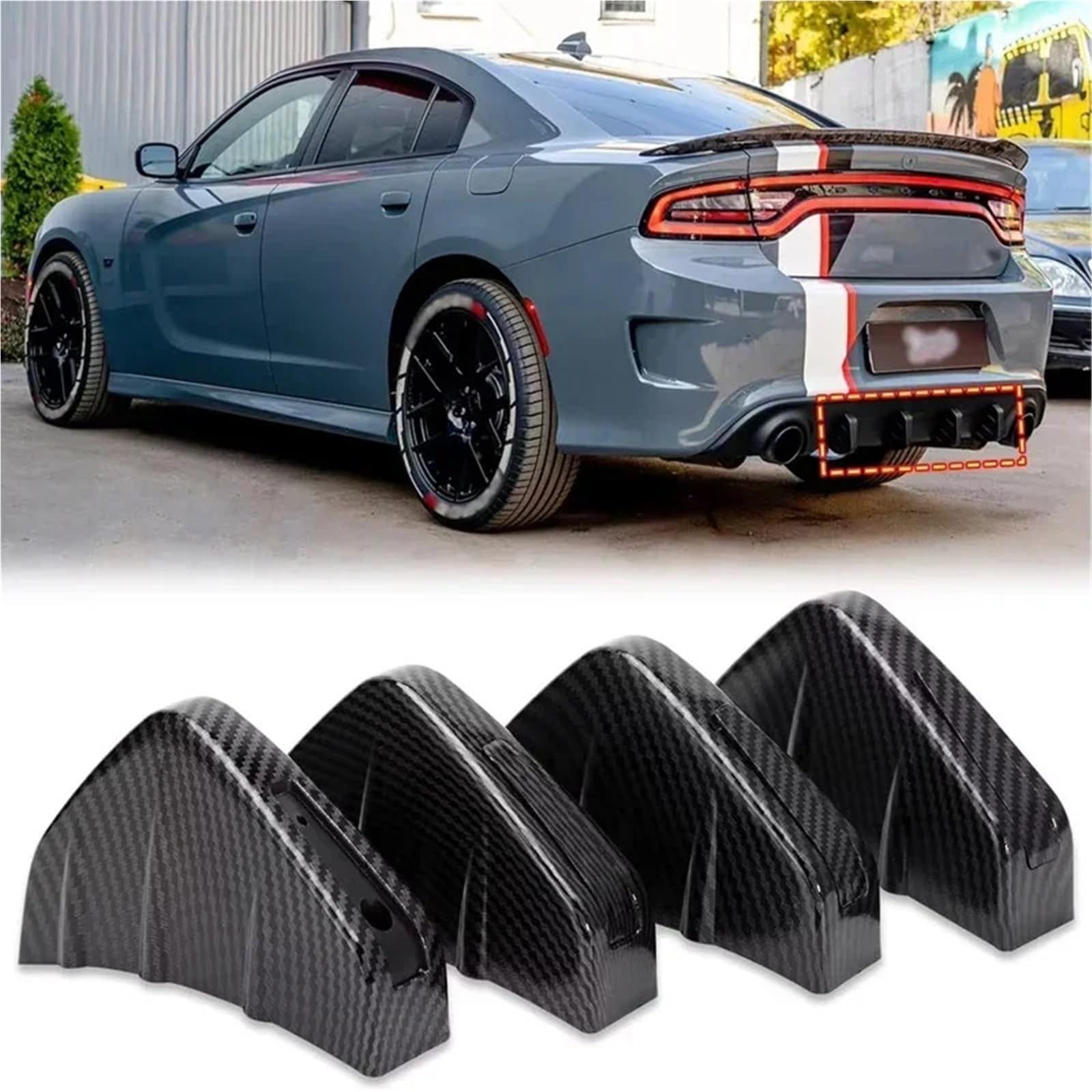 Spojlery tylne do samochodów 4 sztuki/zestaw tylny dolny zderzak samochodowy dyfuzor spojler płetwy rekina rozdzielacz skrzydła uniwersalny(Carbon Fiber Pattern)
