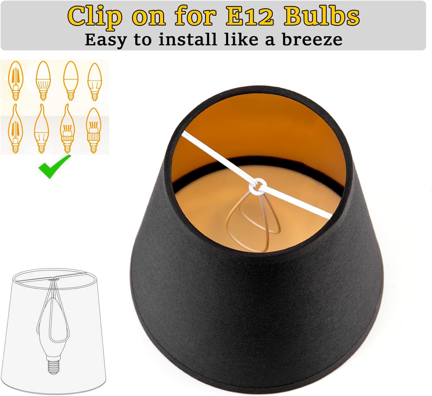 5 Pack Black Chandelier Shades with Gold Lining Hardback, 4" Top x 6" Bottom x 6" High Lampshade, 4x6x6 Inches Perfect Fit for 5-Light Pendant Light Wall Sconce, Clip On Bulb E12 Socket(Large Size)