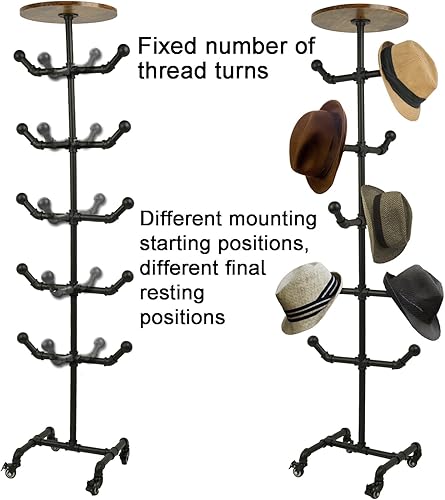 Miniatura 6 de uyoyous Perchero industrial para sombreros de pie, soporte de exhibición de sombrero de tubo de metal, organizador de sombrero con ruedas