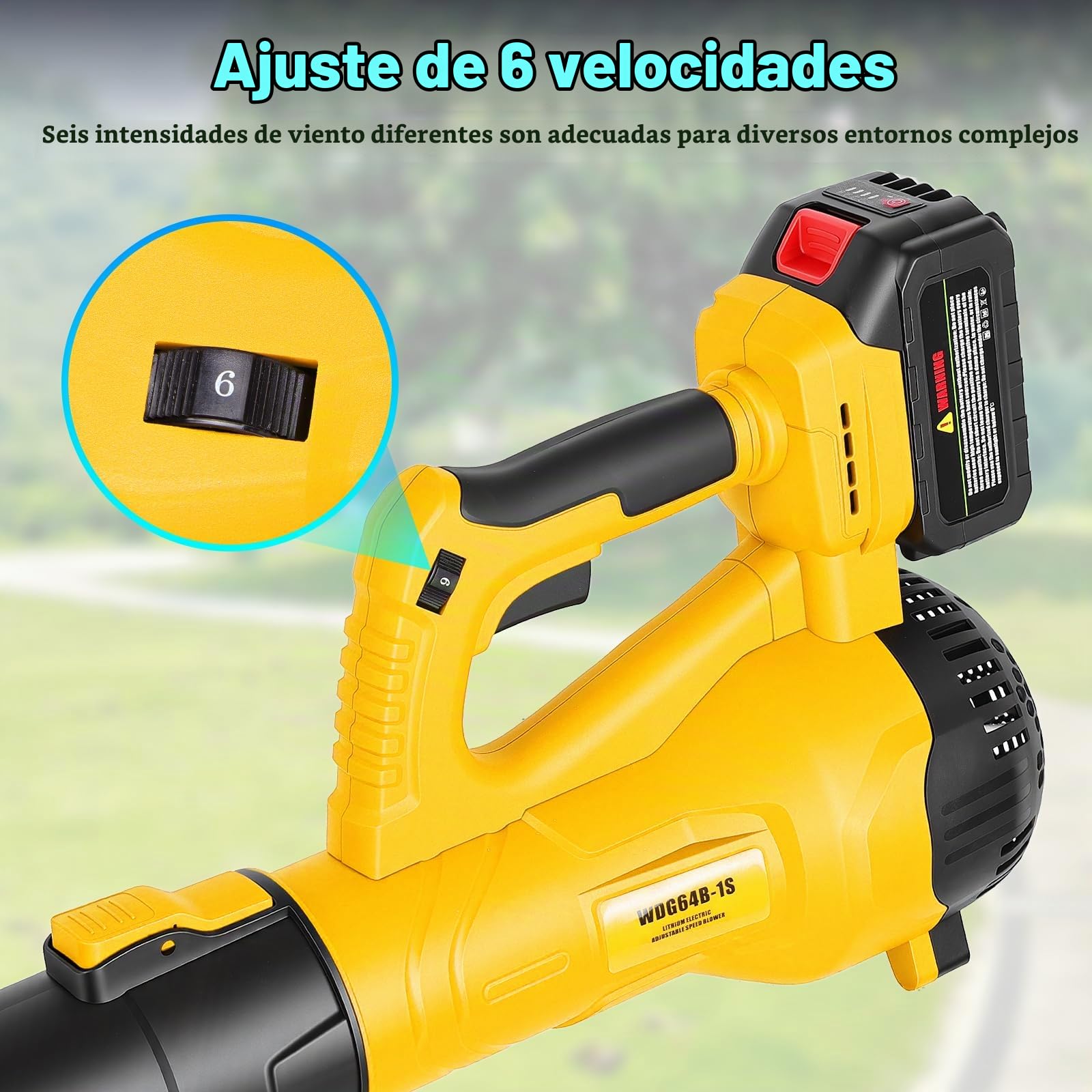 Soplador de Hojas, con 6 Niveles de Velocidad, Caudal de Aire de 218 CFM (3,2 m³/h), 2 Baterías de 4000 mAh y Cargador Rápido, para Limpiar Terrazas, Céspedes y Jardines