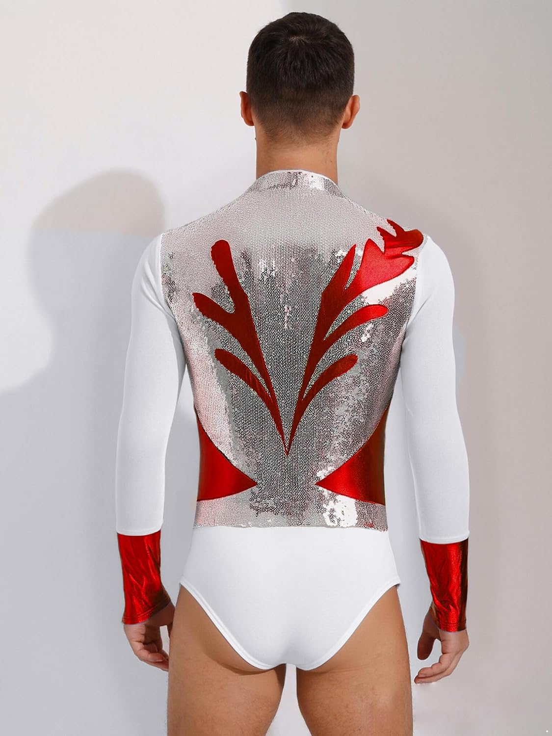 FEESHOW Men's Figure Skating Bodysuit Gymnastics Leotard Sequin Metallic Patchwork Unitards Ballet Dancewear