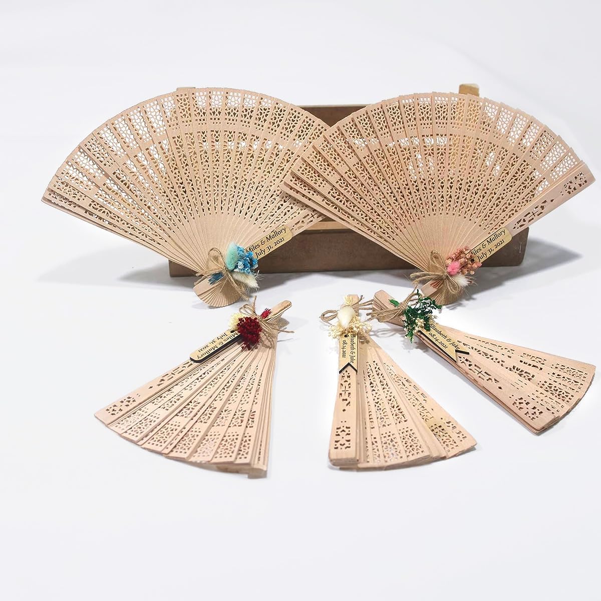 HTF Pack of 10 Personalized Handheld Folding Fan Sandalwood with Dried Flower, Wooden Hand Fan Foldable Thank You Gifts, Custom Rustic Wedding Favors for Guest, Bridal Shower Gifts, Bridesmaids Favors