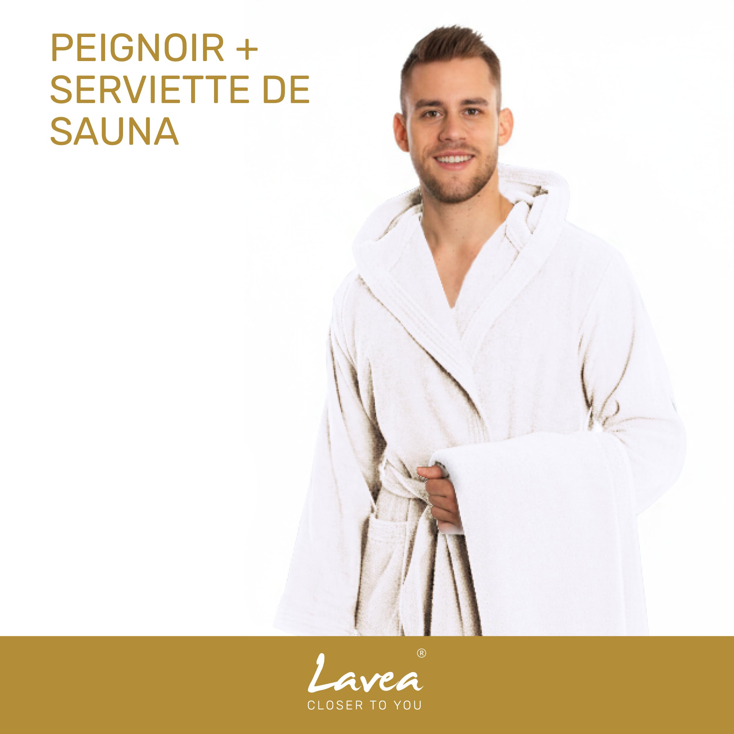 Lavea® Ensemble Sauna Peignoir pour Hommes et Femmes avec Grande Serviette de Douche 80x200 cm – Serviettes en 100% Coton, Douces et Absorbantes, avec Capuche et Ceinture, Oeko-TEX® – Blanc