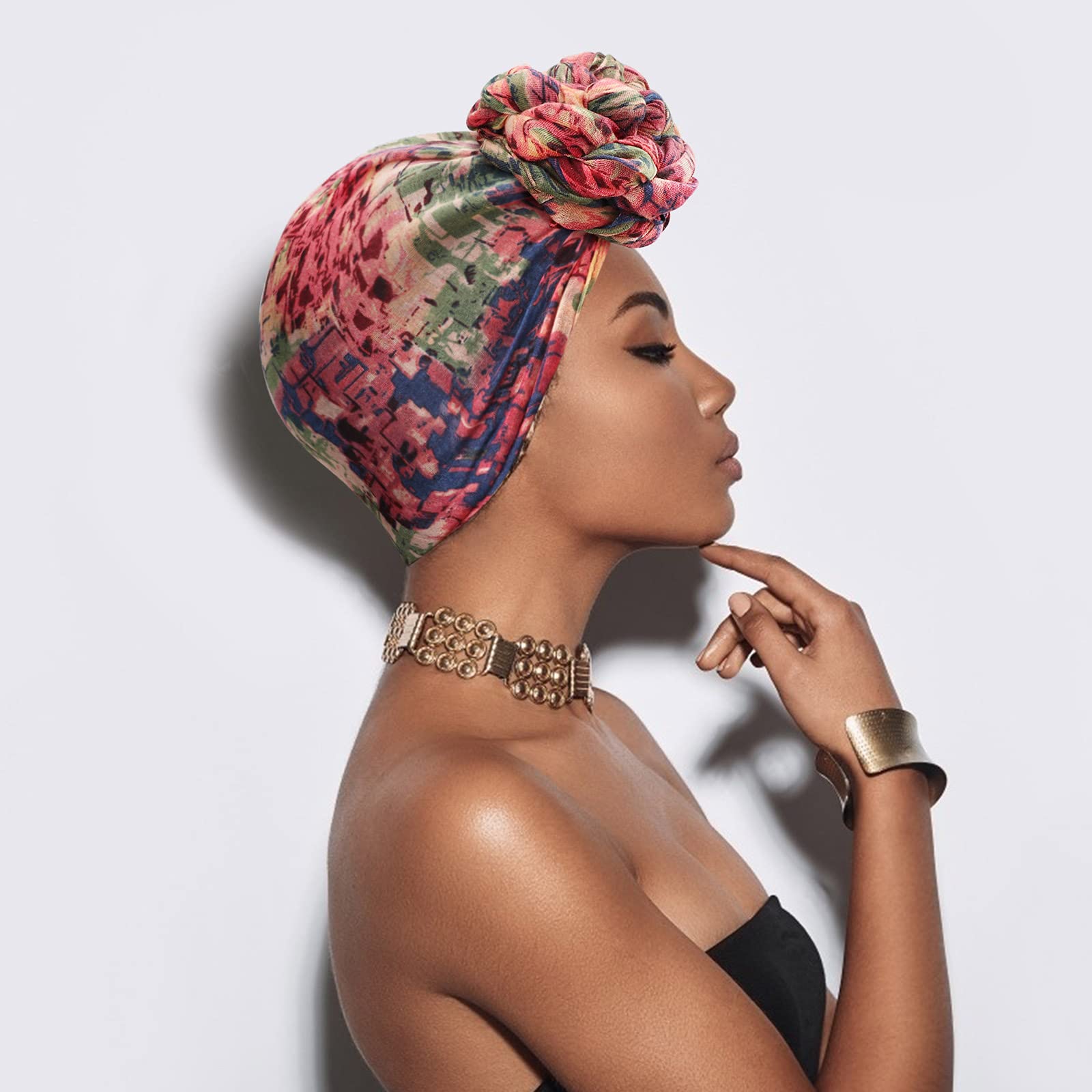 5 paquetes de vendas anudadas para mujeres con turbante africano preanudado Beanie Headwraps, talla única , Paquete de 2: turbante bufanda con estampado de flores 4