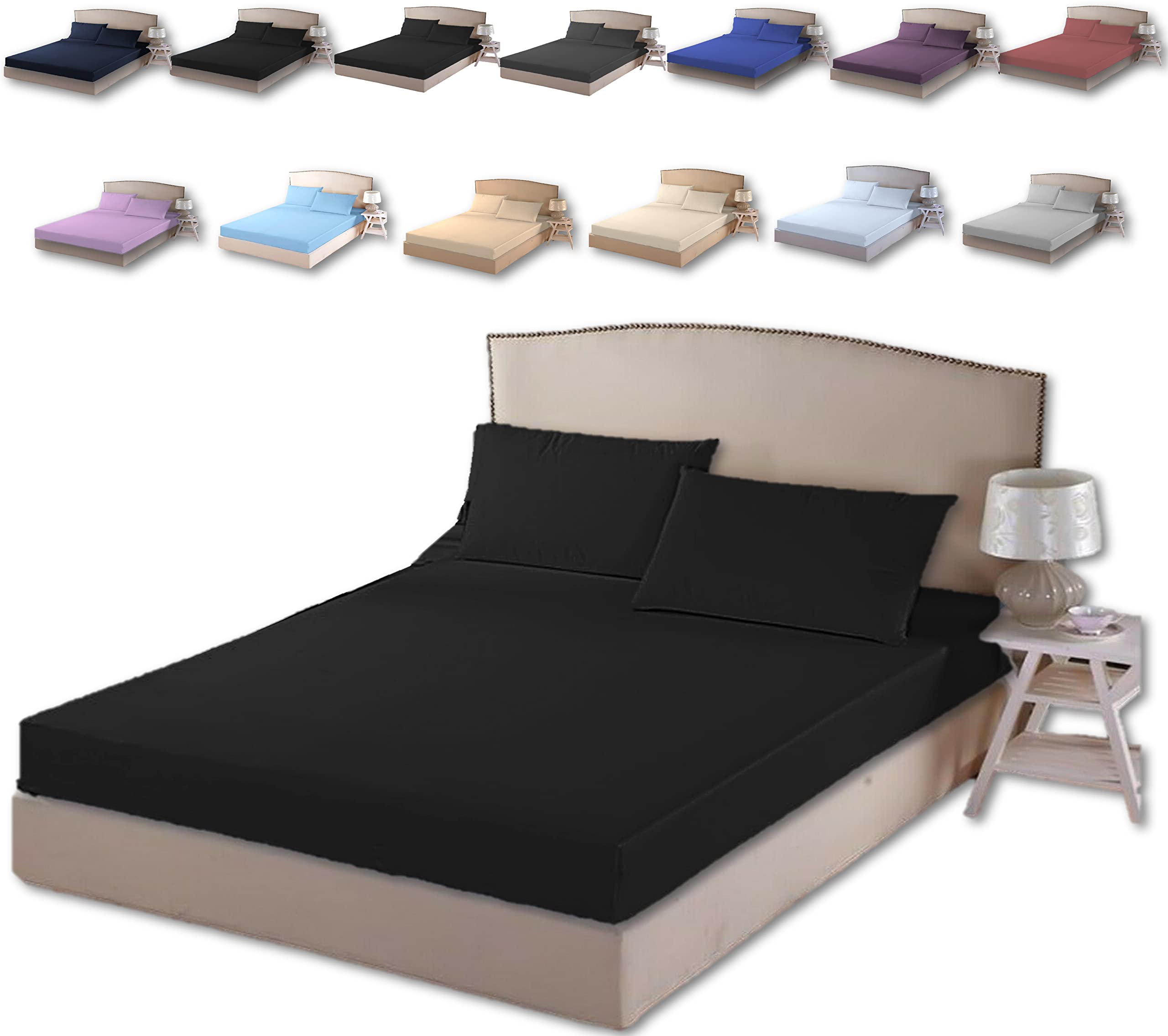 TheWhiteWater Duvet Set - 2/3 in 1 Bedding Set - Duvet Cover + Matching Pillowcases + Fitted Bed Sheets - NPolycotton Pintuck Cover (Black, Fitted Sheets - Double) โ image 1