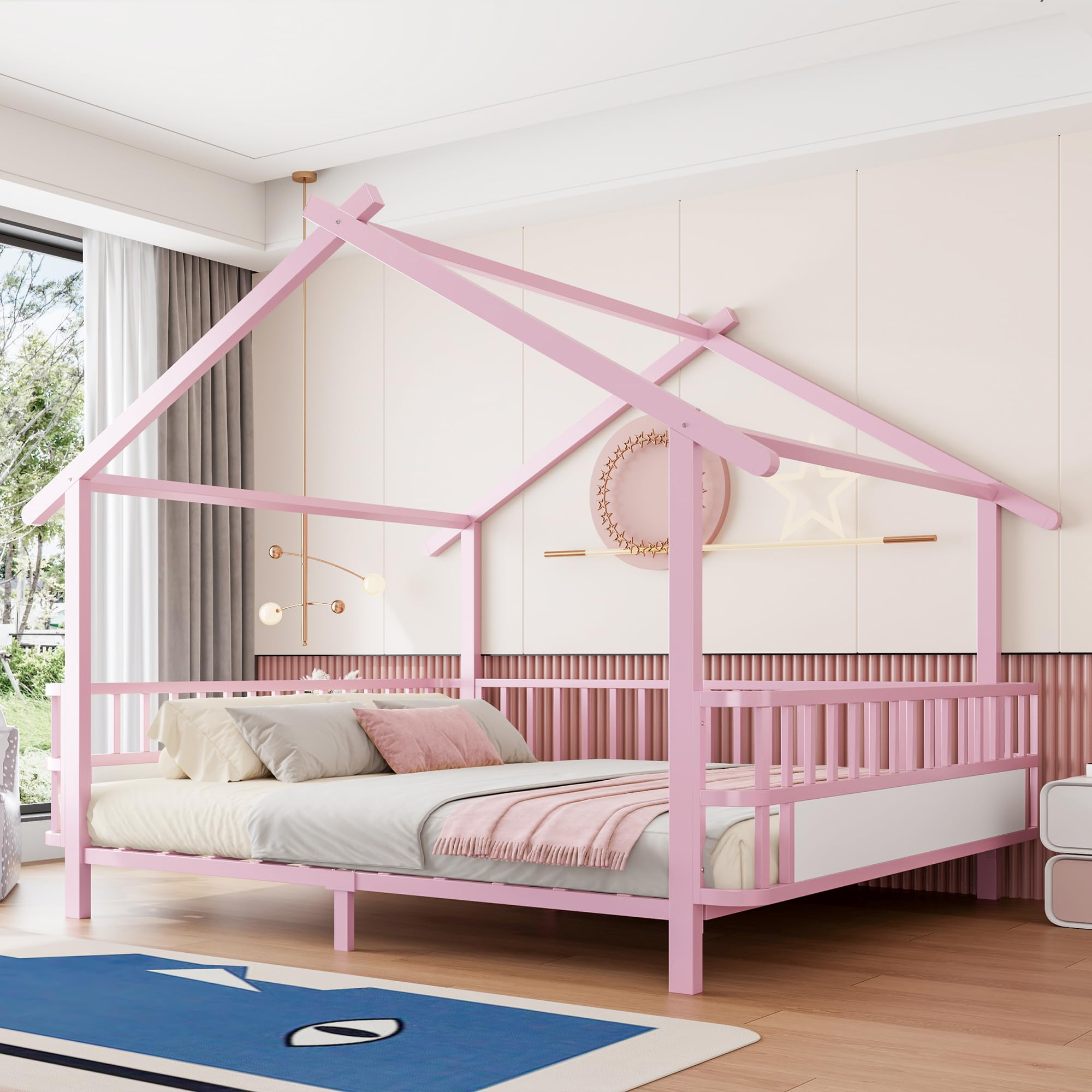 Merax Kinderbett aus Metall in Hausform 140x200 cm mit Sicherheitsgitter & Dachdesign – Rosa (Ohne Matratze)