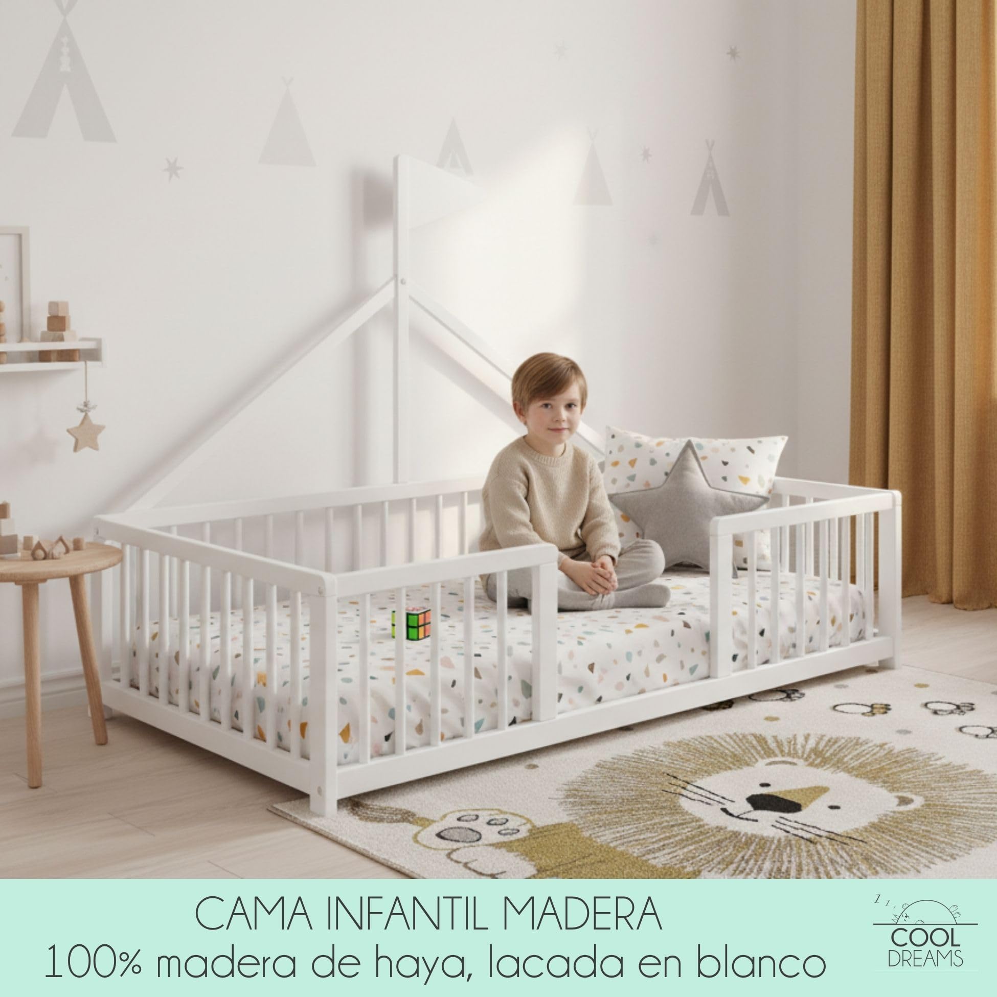 Cama Montessori 140 × 70 cm de Madera de Haya, Incluye colchón Morfeo y Funda Impermeable, Modelo Apache Wonderland, Color Blanco CoolDreams