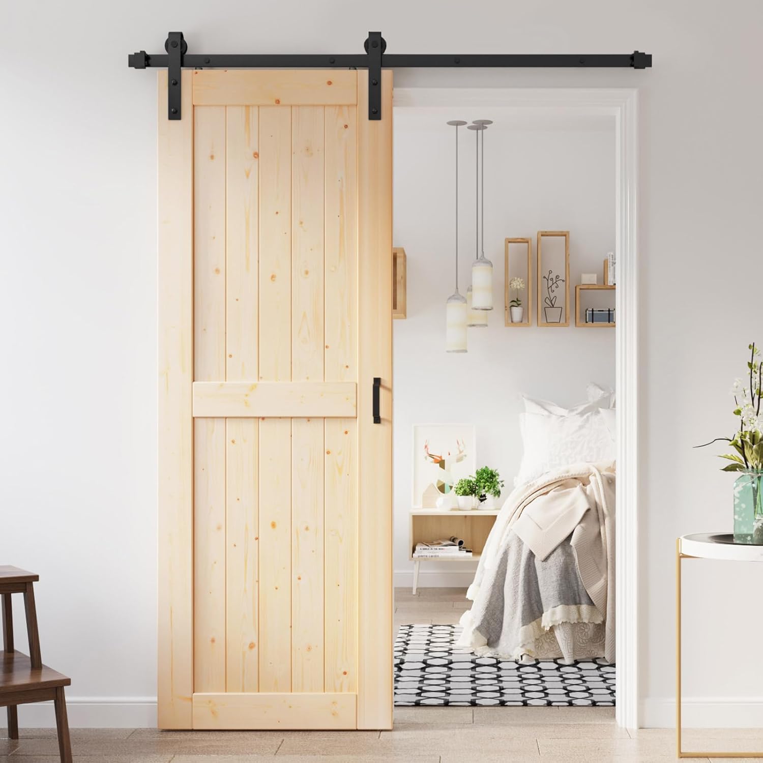 32x84 inch Sliding Barn Wood Door Slab with 5.5ft Hardware Kit, Requires Simple DIY Assembly