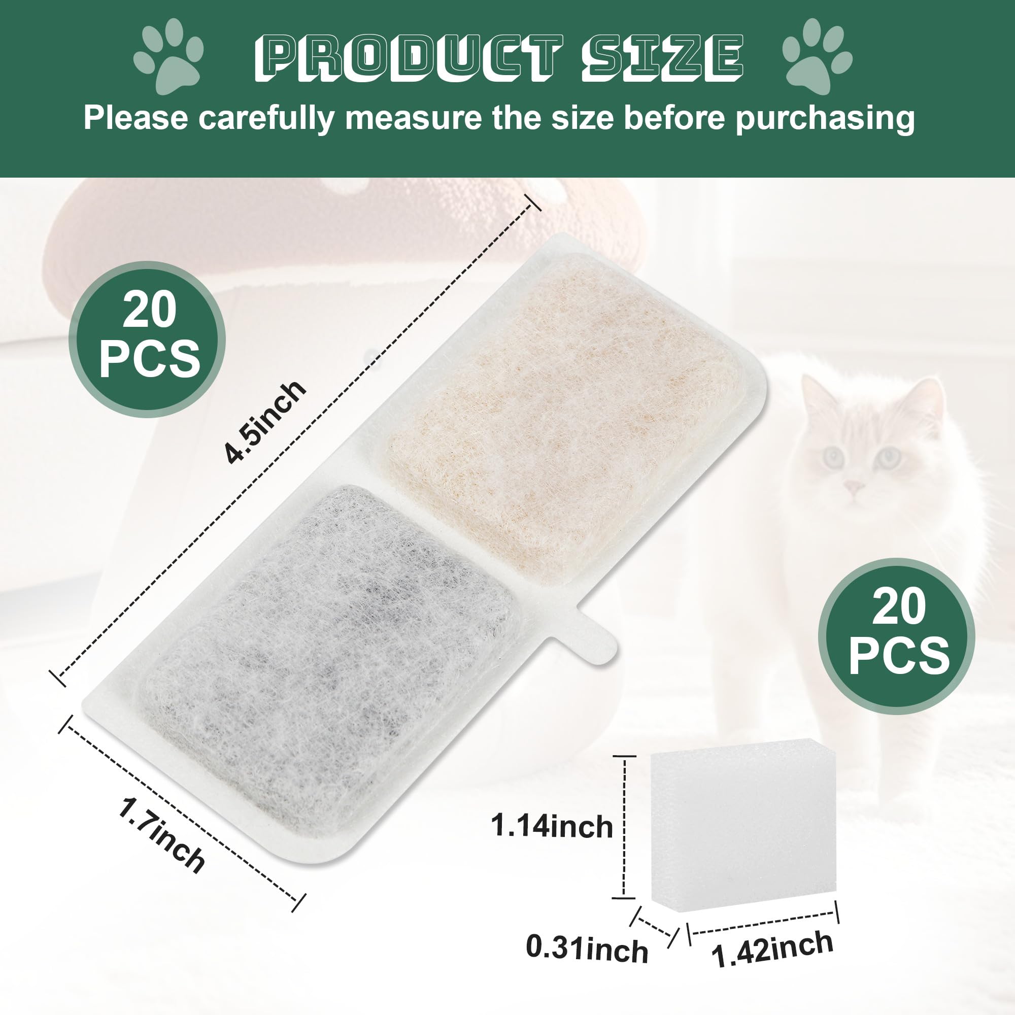 Filtri fontanella per gatti, confezione da 40 Filtro fontanella per gatti per animali domestici, inclusi 20 elementi filtranti carbone attivo e 20 spugne filtranti in schiuma, Resina Filtro attivo