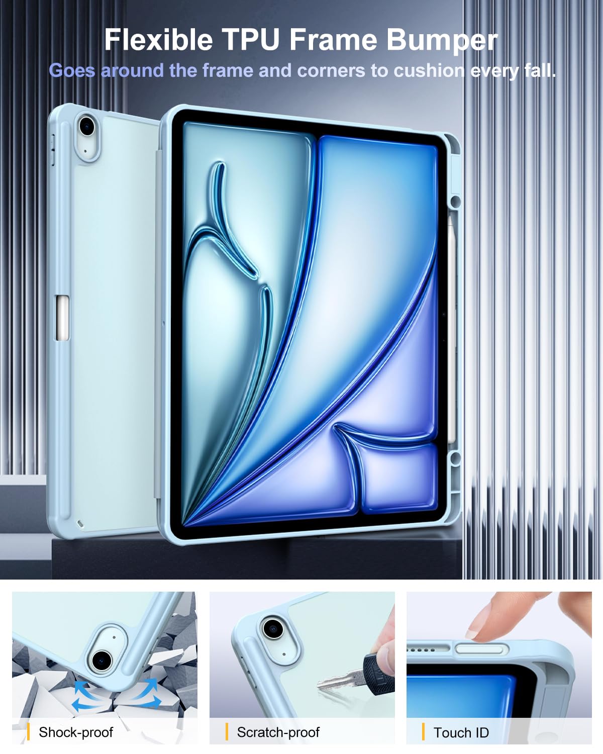 TiMOVO Custodia per Nuovo iPad Air 13 Pollici (M2) 2024 con Portapenne, Cover Protettiva per iPad Air 13 2024 con Supporto Pieghevole & Retro Trasparente, Auto Sveglia/Sonno, Cielo Blu