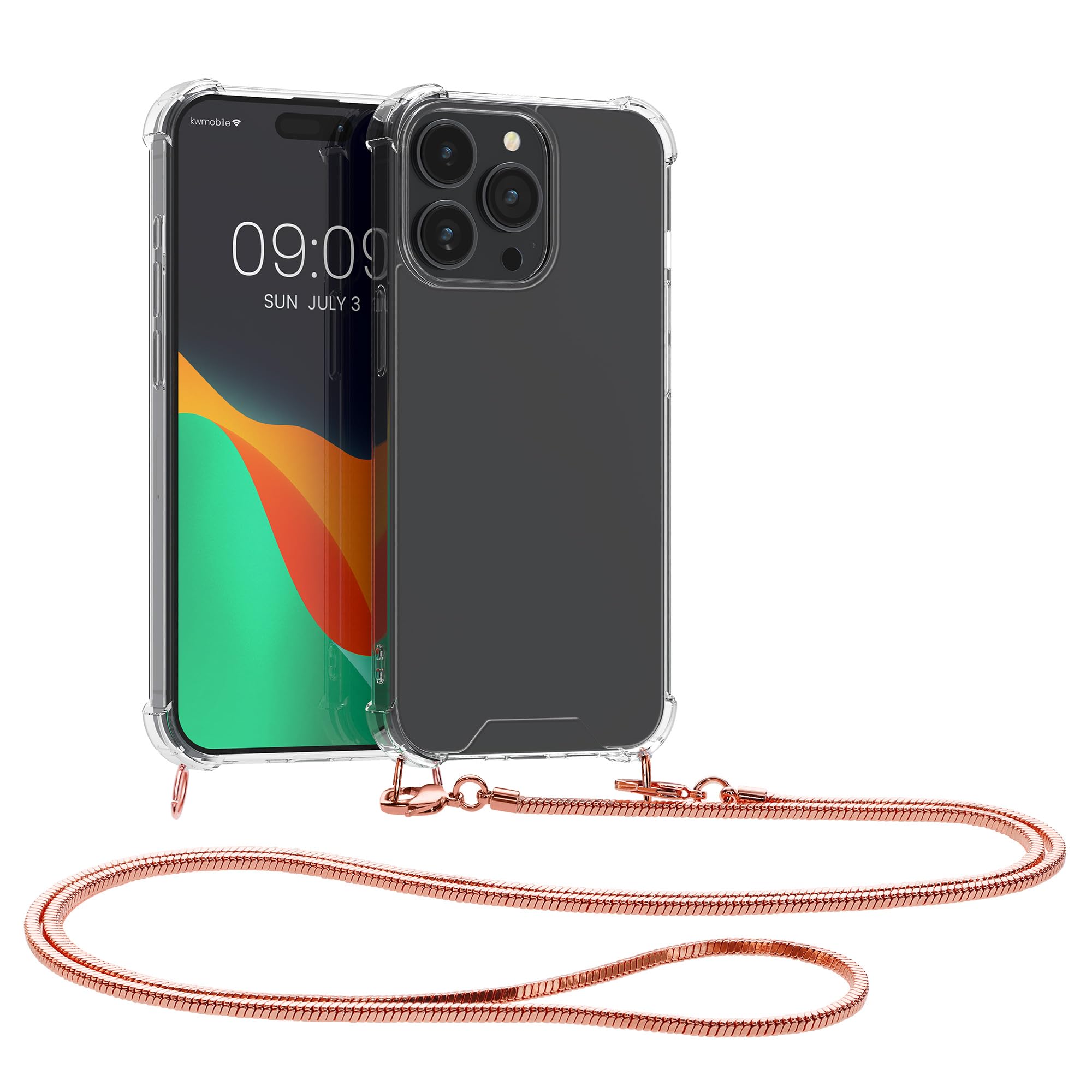 kwmobile Case Compatible with iPhone 15 Pro, Crossbody Case Clear Transparent TPU Phone Cover with Metal Chain Strap