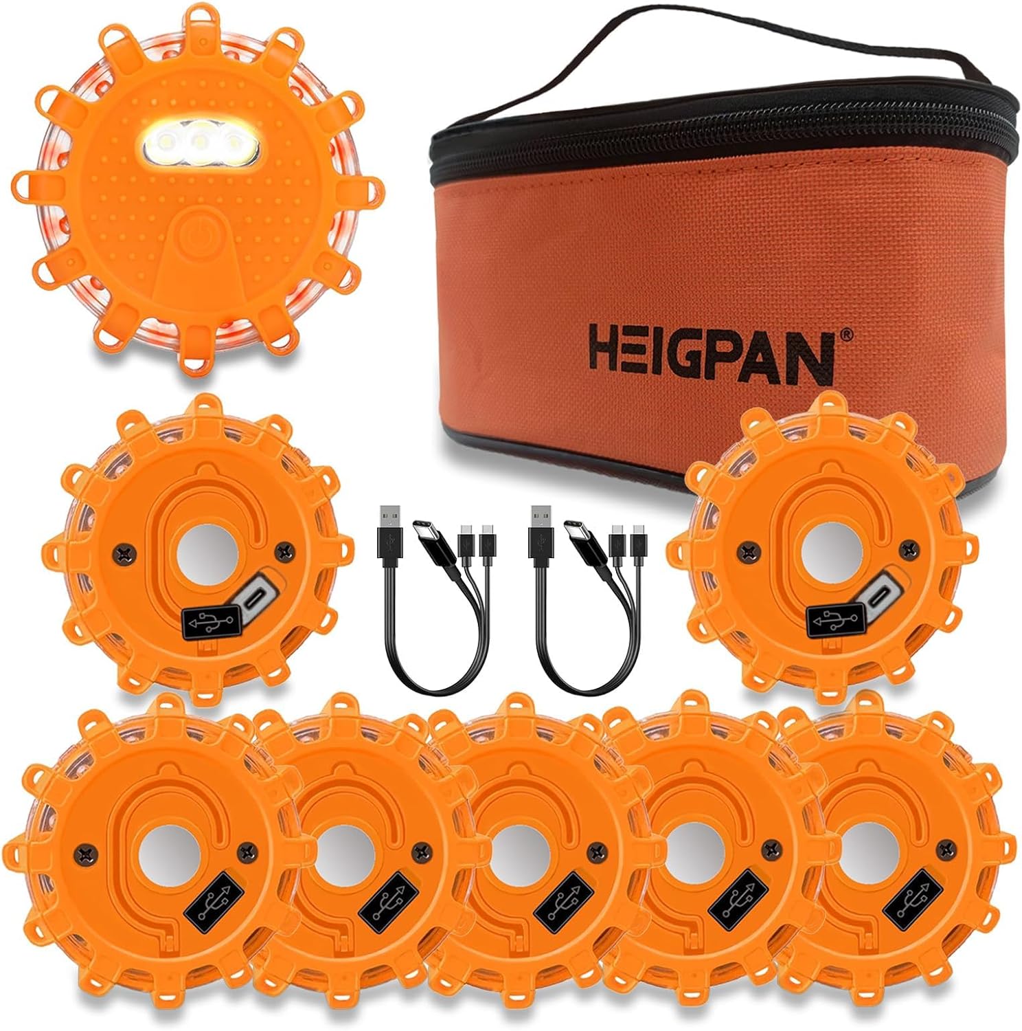 GP908B LED Road Flares with USB-C Cable and Magnetic Base, featuring 9 Flashing Modes for Emergency Roadside Safety and Warning. Ideal for Vehicles and Holiday Gifts (8 Pack) Orange