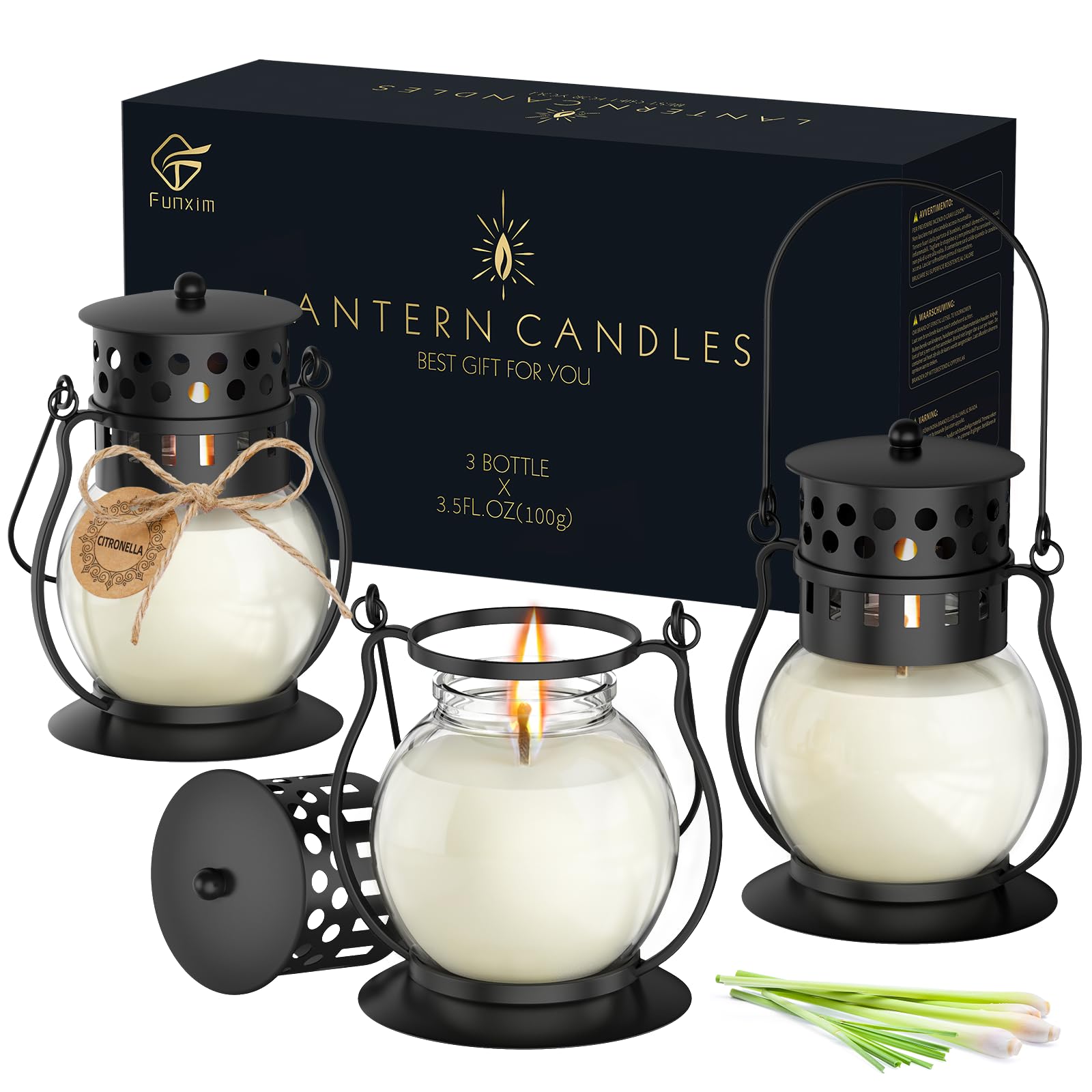 Citronella Candles Outdoor 3 Pack, Vintage Metal Lantern Soy Wax Candles, Long Burning Scented Patio & Camping Candles, Summer Outdoor Decor Gift for Women (3 x 3.5 oz)