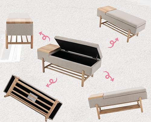 Miniatura 4 de Banco de entrada, moderno banco otomano tapizado con tapa abatible de tela de lino, banco otomano con marco de madera/estante para sala de estar,