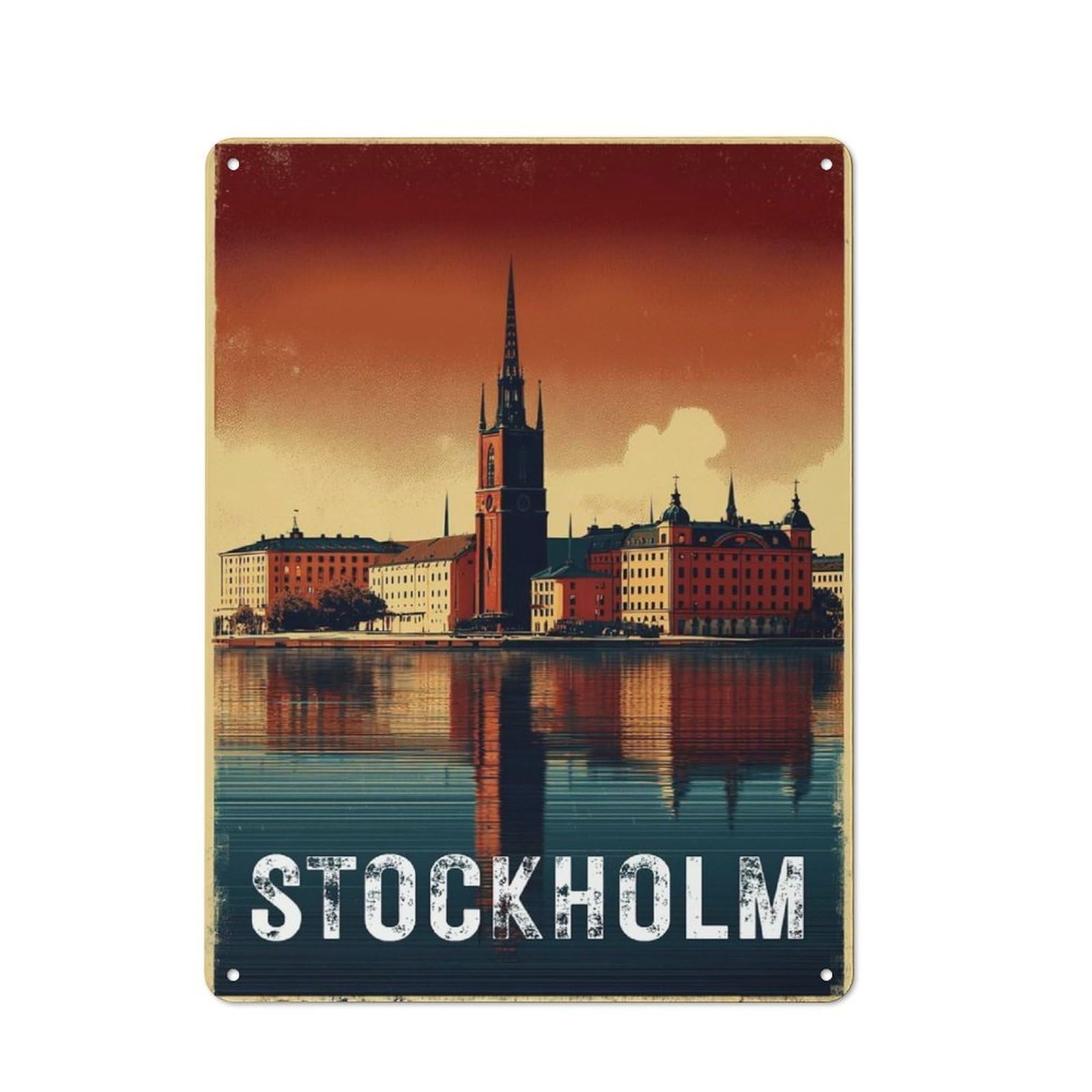 Junmoney Style-16 Retro-Style Tin Sign 40X30cm Featuring Stockholm Cityscape Vintage Travel For Hallway Wall, For Garage, Workshop And Man Cave Decoration