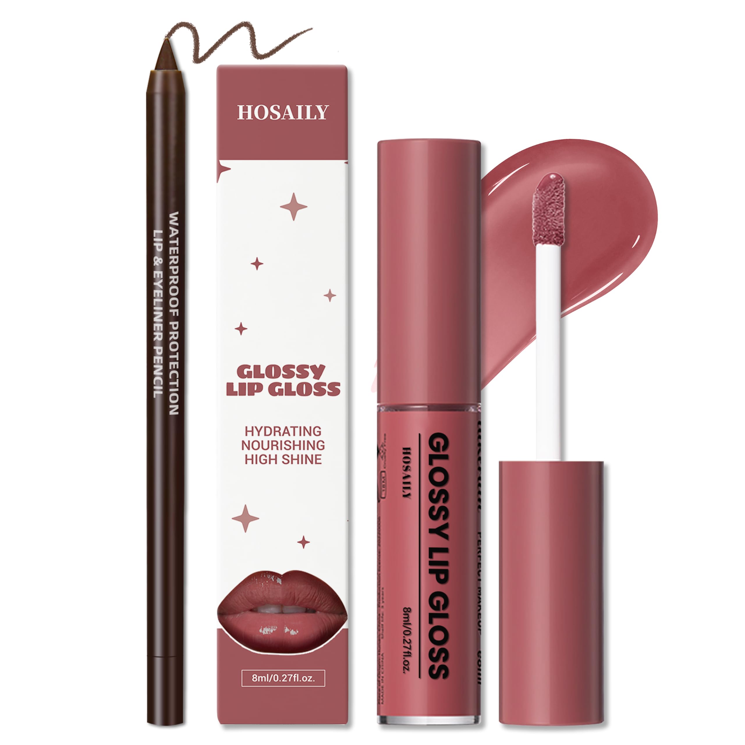 HOSAILY Rose Pink Lip Kit with Nourishing Lip Gloss&Brown Lip Liner Combo #12 rose pink
