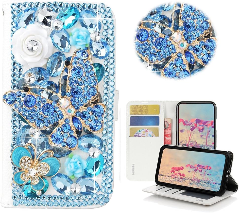 STENES Bling Case Compatible with Alcatel Verso/Alcatel CameoX/Alcatel IdealXCITE/Alcatel U50 - Stylish - 3D Handmade Crystal Butterfly Flowers Design Magnetic Wallet Flip Leather Cover - Blue