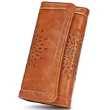 Womens Wallets RFID Blocking Leather Clutch Long Wallet for Women Card Holder Phone Organizer Ladies Travel Purse Hollow Out Sunflower Design Gift