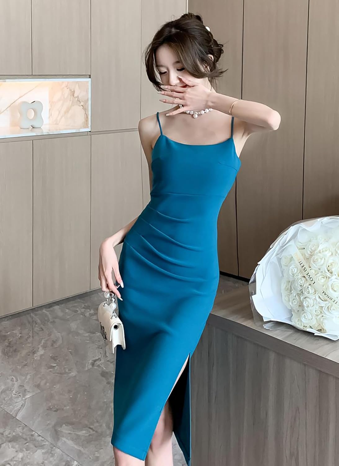 [Aisaidun] キャミワンピース レディース 夏 タイトシルエット ドレス ハイウエスト 美脚効果 Aライン スリム ノースリ