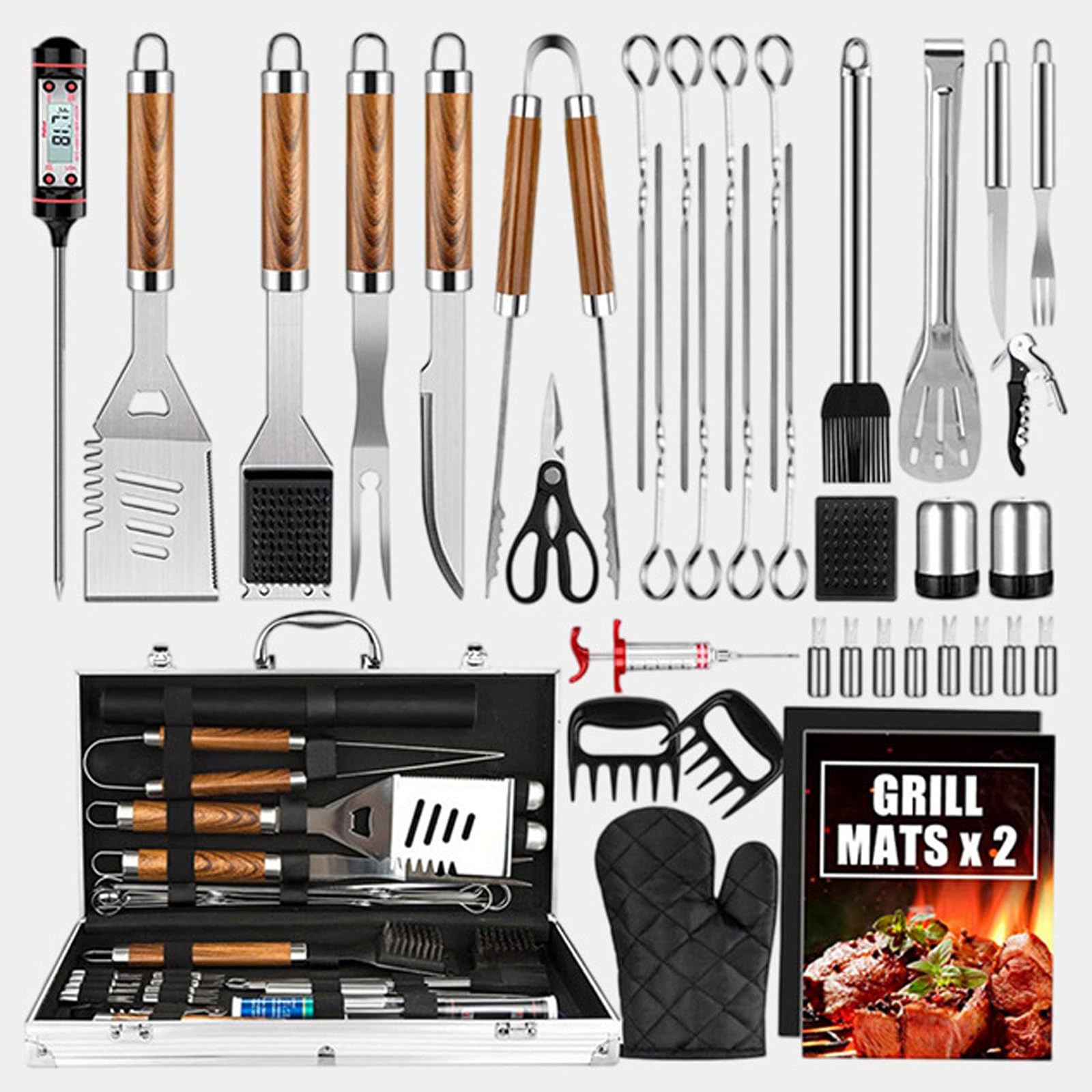 Set Barbecue con valigetta portatile set di utensili per barbecue Include: pinze per barbecue,spatola,forchetta da carne in acciaio inox con Tappetino per Barbecue per Campeggio/Regalo