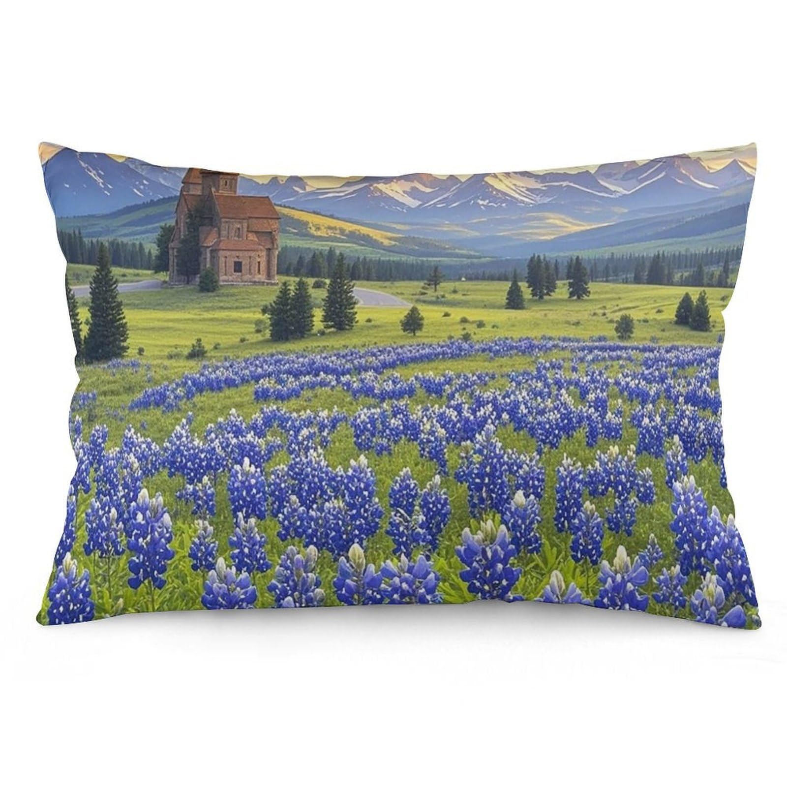 Velvet Pillowcases Standard Size 12 "x20, Ultra Soft Breathable Pillow Cases for Bed, Luxury Cozy Fuzzy Pillow Shams, Lumbar Pillow Cover, Texas Bluebonnets Scenery Cushion Case Home Decor