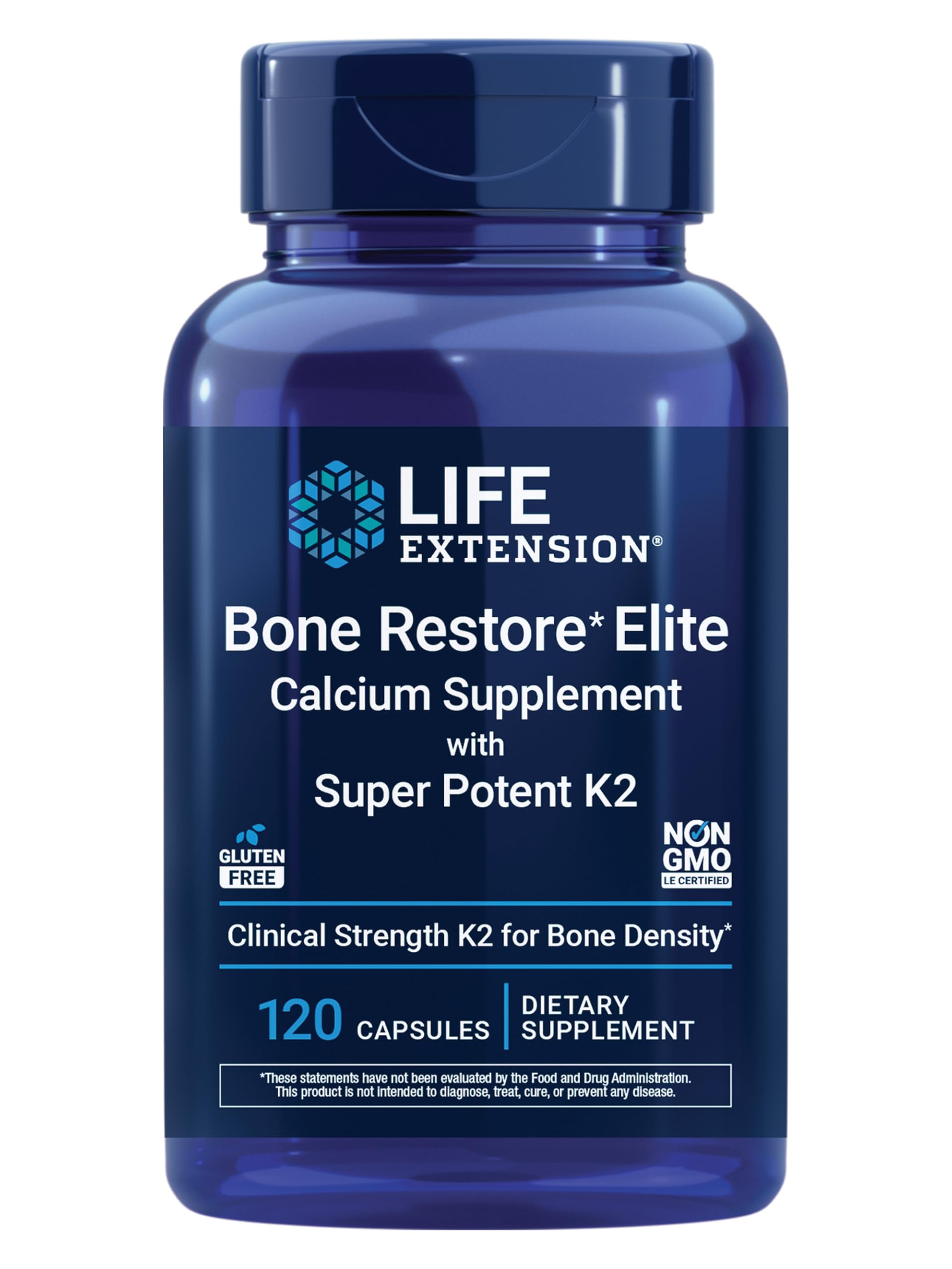Life Extension Bone Restore Elite Calcium Supplement with Super Potent K2, Calcium, Vitamin D3, Magnesium, Boron, zinc, Vitamin K2, for Bone Health, Gluten-Free, Non-GMO, 120 Capsules