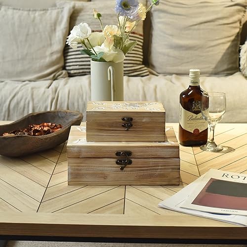 Miniatura 5 de Juego de 2 cajas de madera tallada con mandala, cajas de almacenamiento decorativas rústicas con pestillo de metal, cajas de recuerdo hechas a mano
