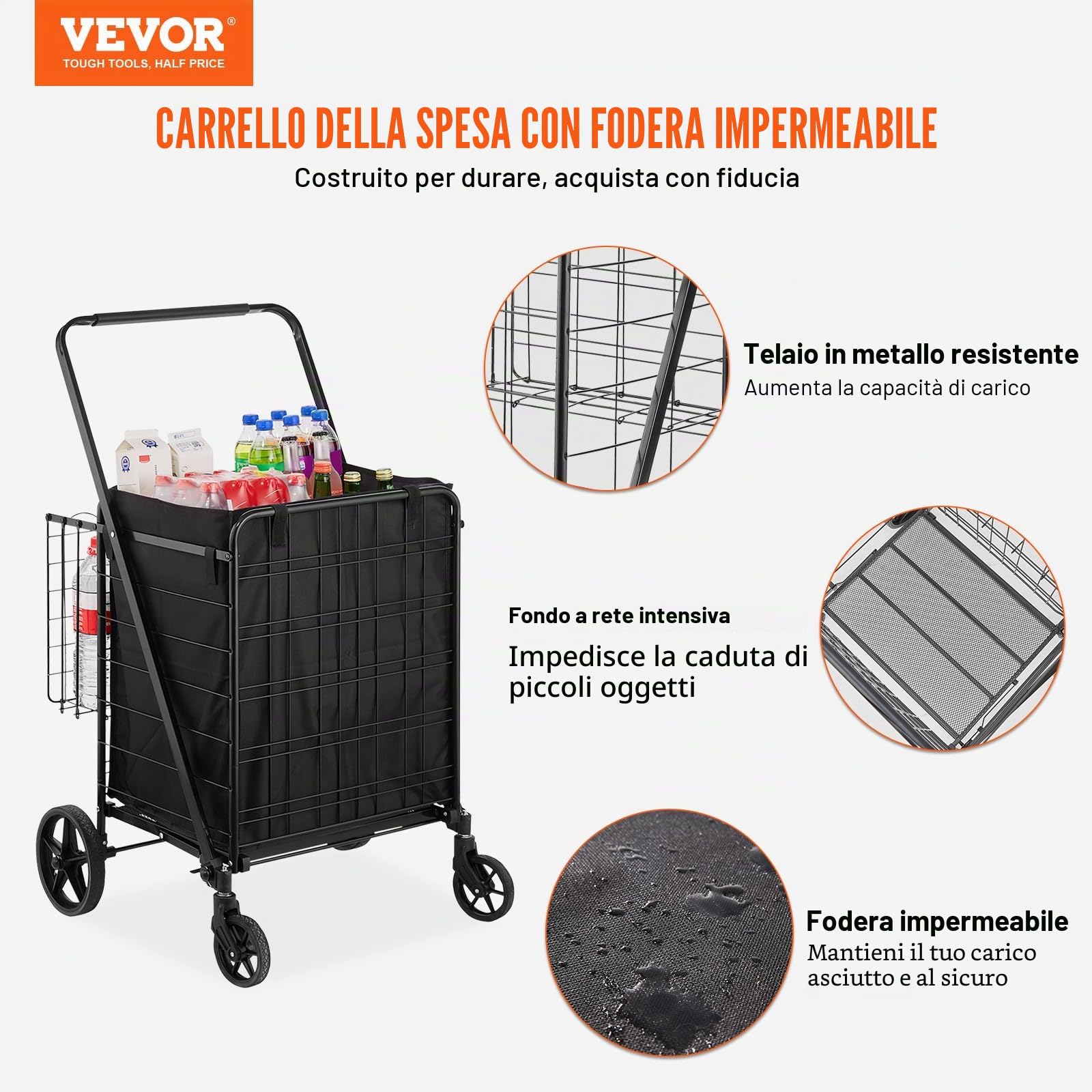 VEVOR Carrello Portabiancheria con 4 Ruote Cesto per Lavanderia Portabiancheria con Cesto Posteriore Portaoggetti Carico Max. 150,5 kg, Cestino Dimensioni Generali 638 x 662 x 1053 mm