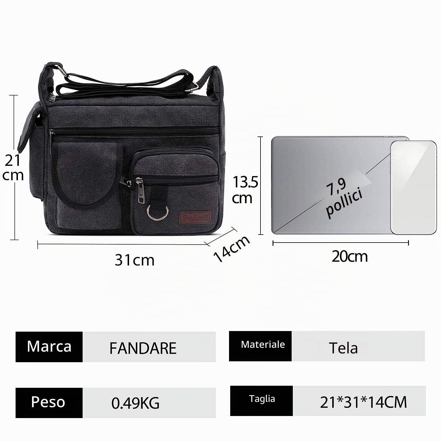 FANDARE Borse a spalla da Uomo,Borse Messenger di tela, Borse per 7.9'' tablet, Unisex Borsa a tracolla, Per lavoro e scuola