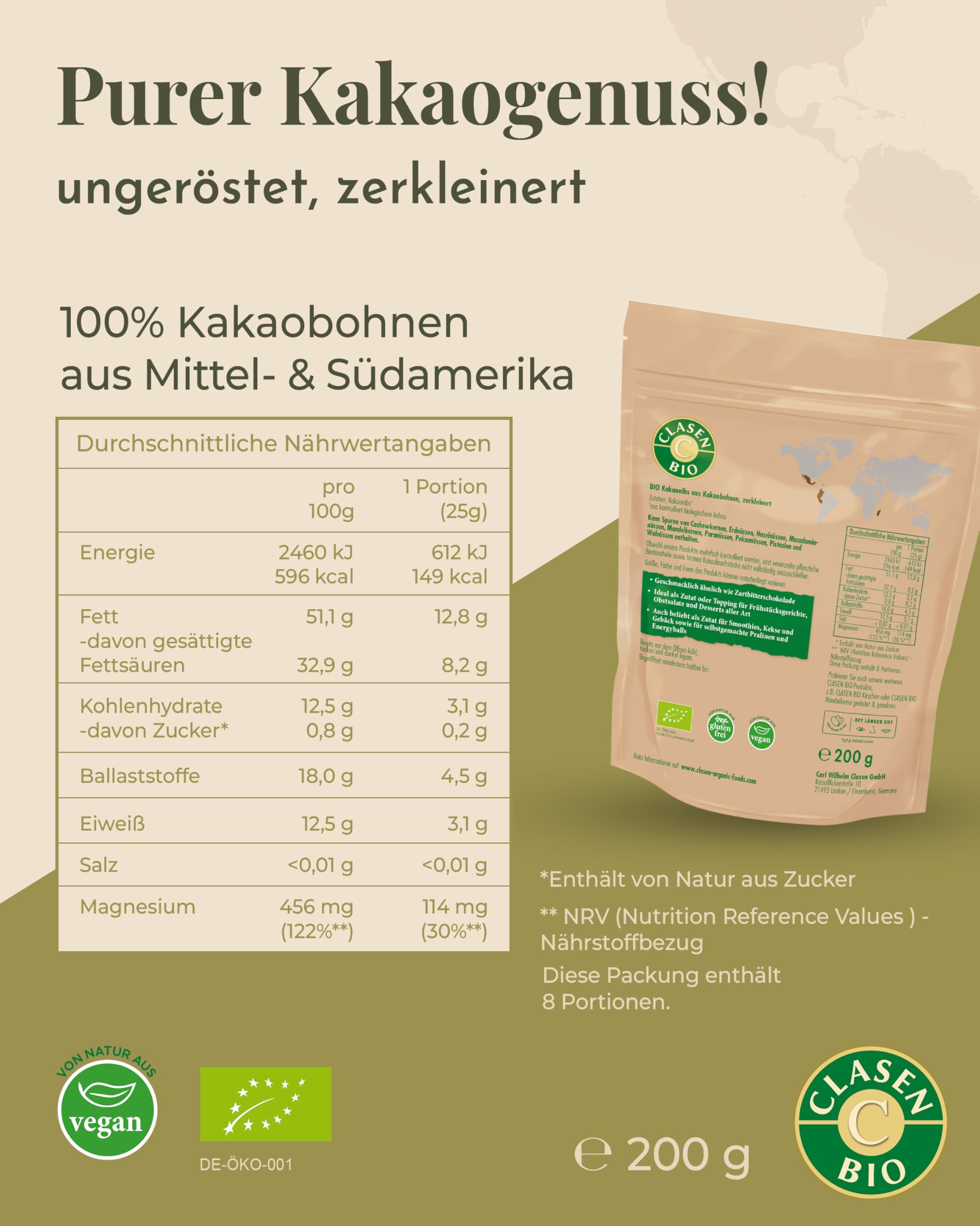 CLASEN BIO – Kakao Nibs 6x200g Bundle – Klein geschrotete Kakaobohnen herb-aromatisch & schokoladig – Kakaonibs ideal für Desserts, Smoothiebowls & Gebäck – Reich an Ballaststoffen & Magnesium