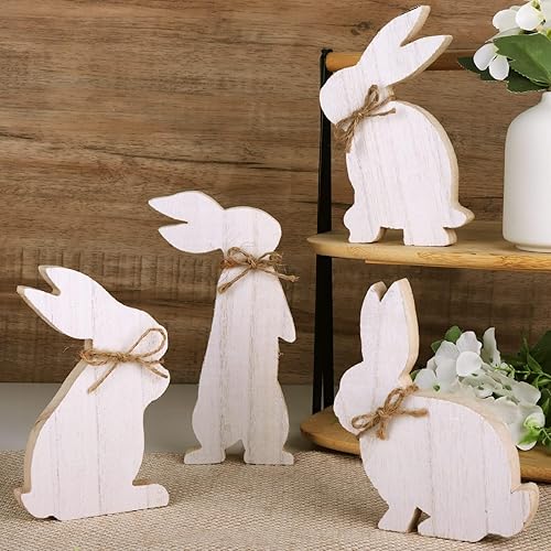 Miniatura 7 de Treory Decoraciones de Pascua para el hogar, 4 piezas de conejito de Pascua de madera natural, centro de mesa, decoración de Pascua, mesa rústica