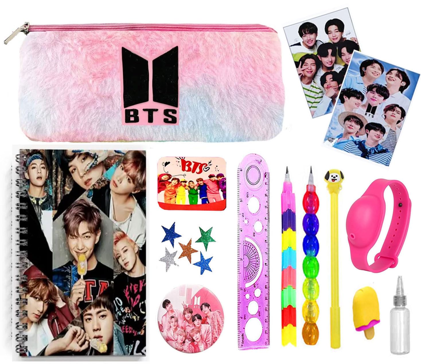 KOBBET® 14pcs BTS Stationery Set for Girls, BTS Fur Pouch, Diary All BTS Stationery for Girls, Party Favor Gift Set, Return Gift, Rakshabandhan Gift Set for Girls BTS Stationery (A5 spiral diary, 002)