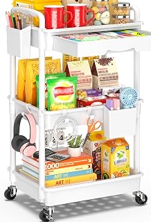 SUNALLY 3 Tier Rolling Cart with Drawer, Craft Storage Cart Organizer,White