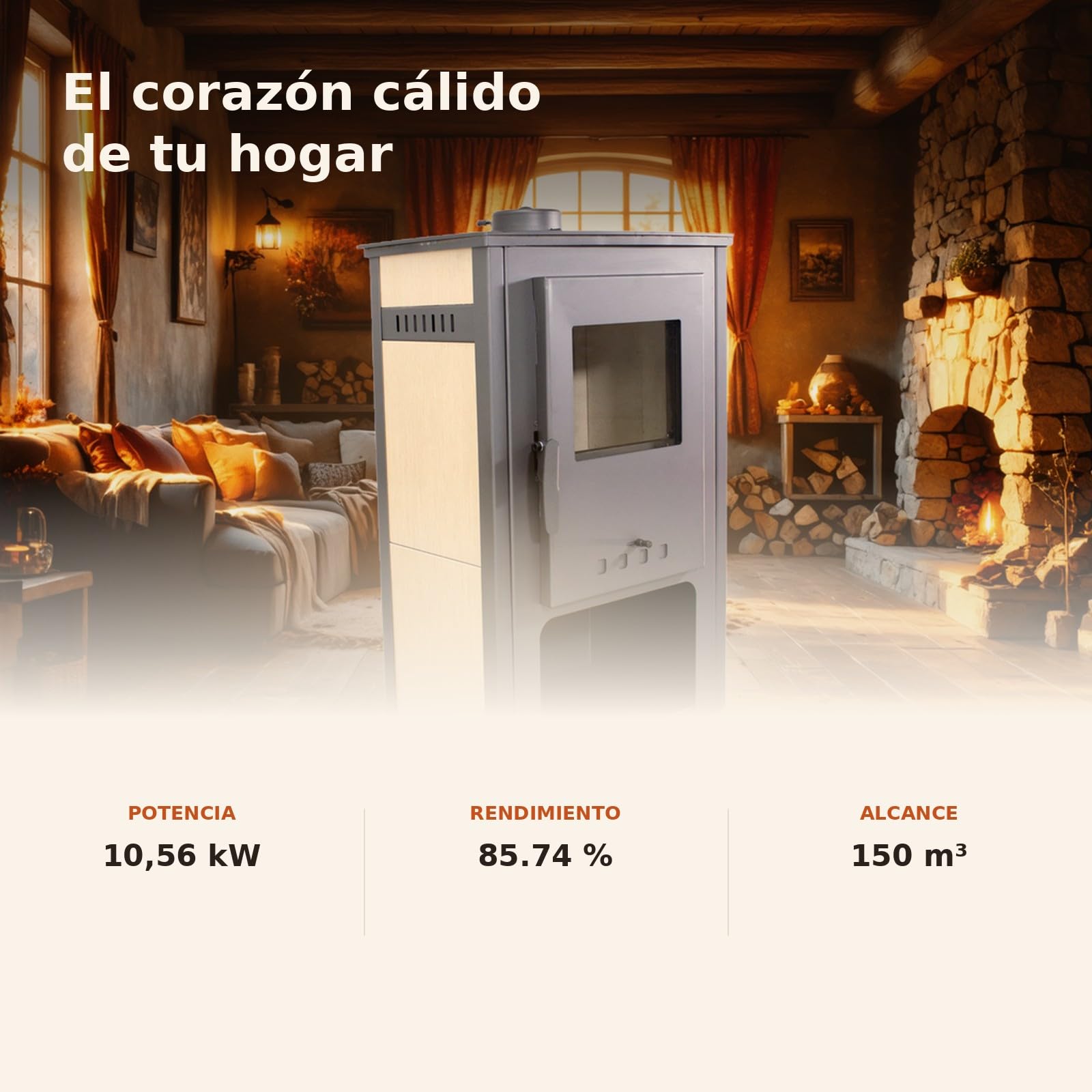 EIDER BIOMASA Estufa de Leña SAMIRA – 10,56 kW – Rendimiento 85,74% – Hasta 145.0 m³ – Doble Combustión – Certificada CE