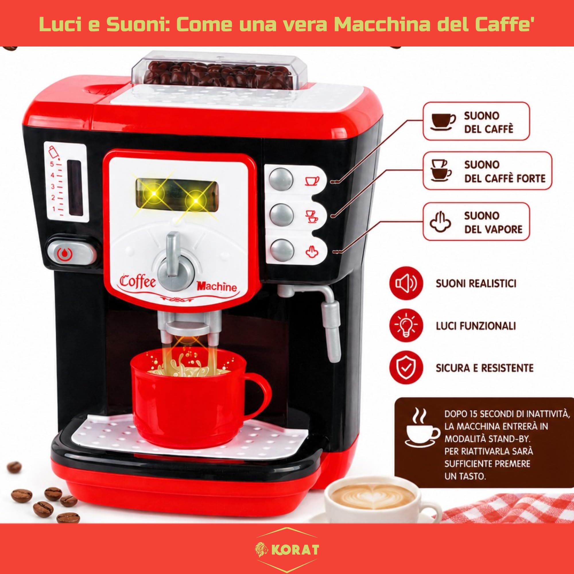 KORAT Macchina Caffè Giocattolo Bambini con Luci e Suoni, Effetto Vapore, Pulsanti Interattivi, Gioco Educativo di Ruolo in Plastica Sicura e Resistente, Dimensioni 19x11x24 cm 3+ Anni