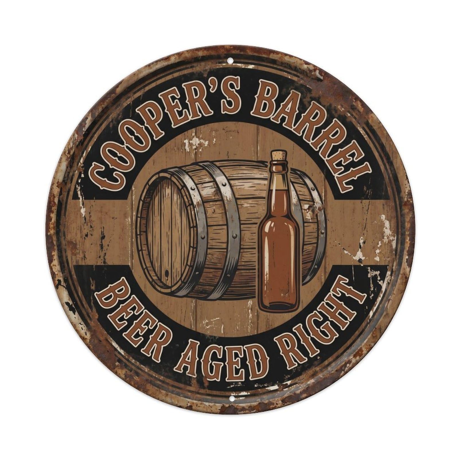 Retro Bar Style Cooper Barrel Kitchen Beer Vintage Metal Tin Sign Plaque Wall Decor for Cafe, Club, Garden Round Metal Poster 8x8Inch
