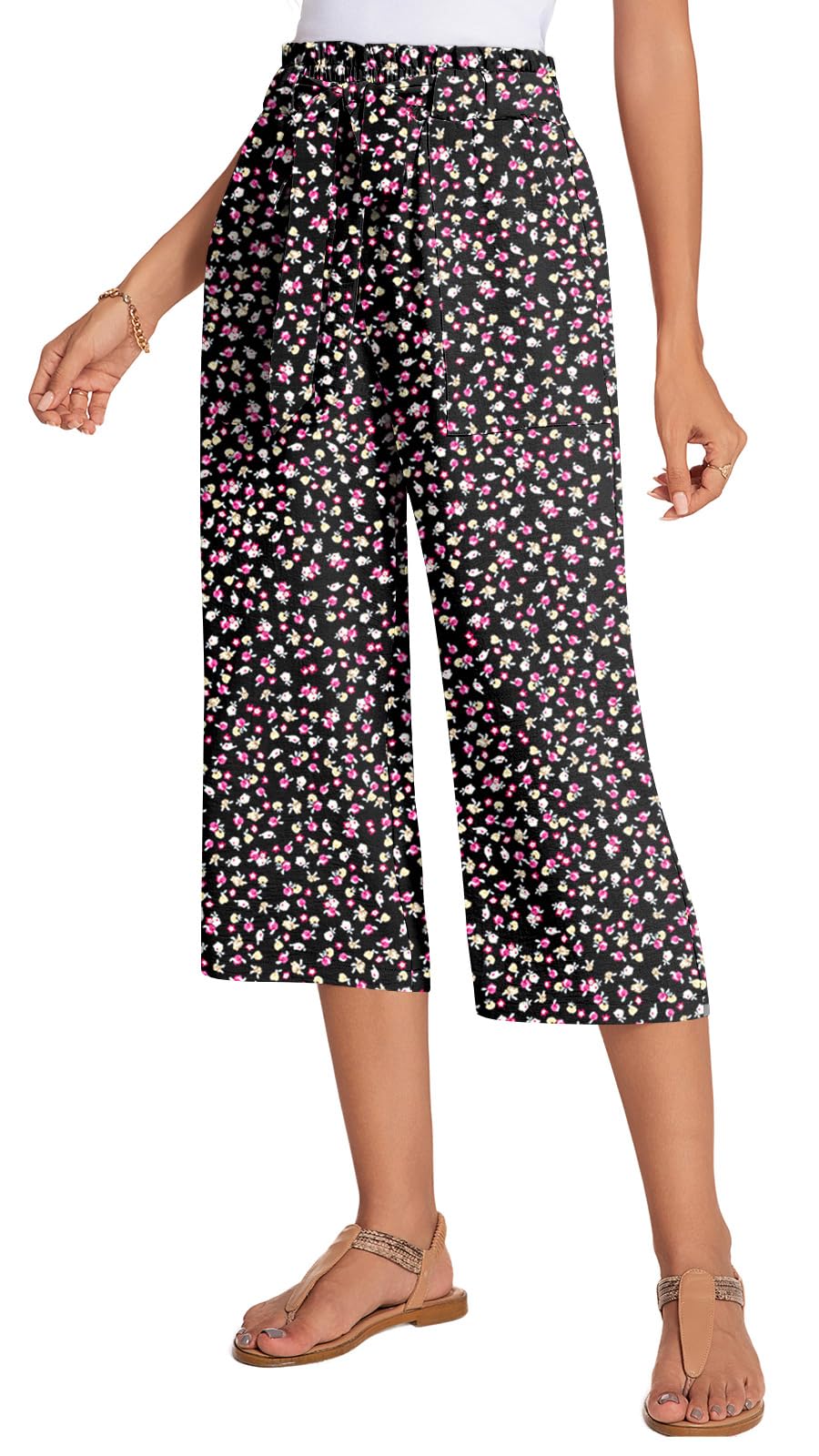 ALIGADUO Womens Capri Pants Casual Wide Leg Loose High Waist Lounge Pants with Pockets